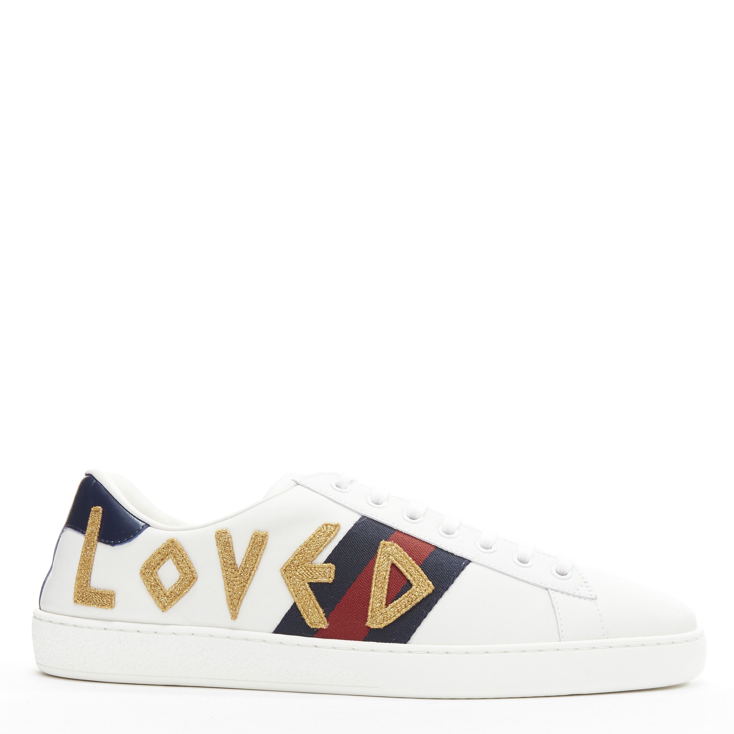 Gucci GUCCI Ace Loved gold letter patchwork white navy red web sneaker ...