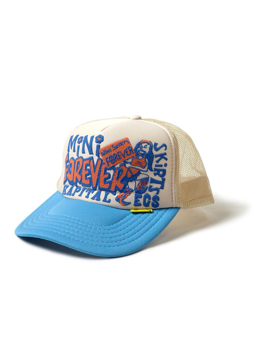 image of Kapital Legs Mini Skirts Forever Trucker Cap in White/Sax, Men's