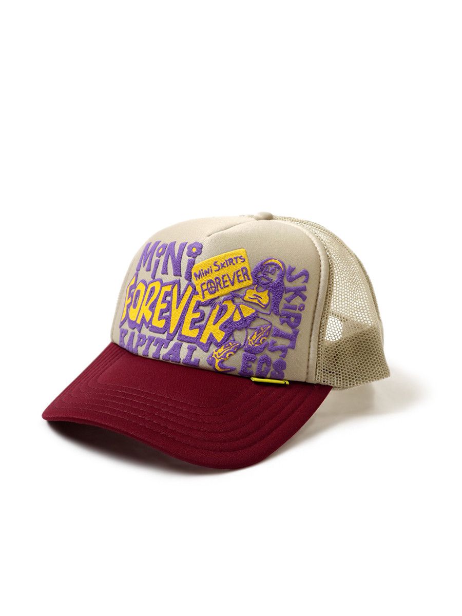 image of Kapital Legs Mini Skirts Forever Trucker Cap in Beige/Burgandy, Men's