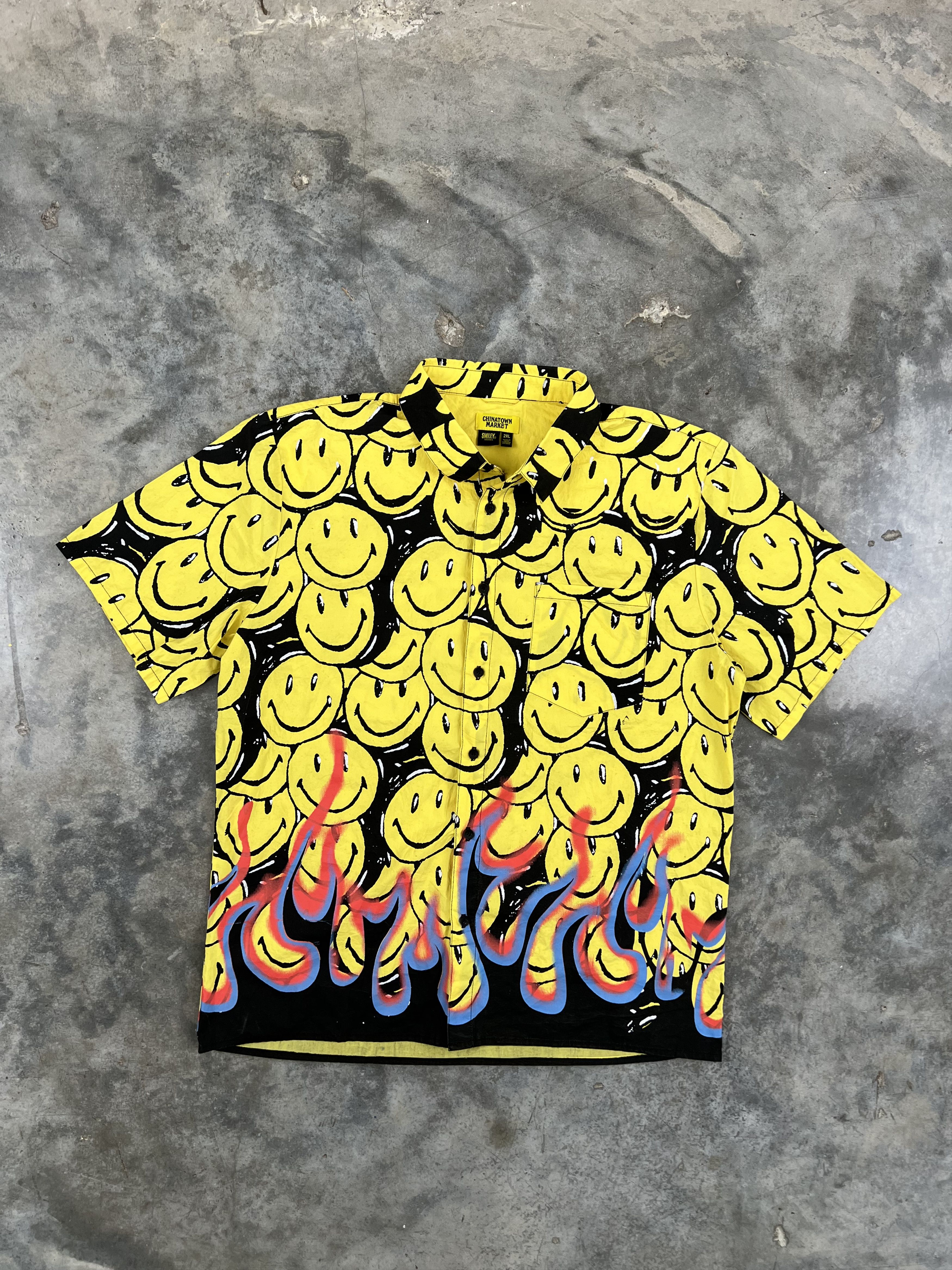 image of Chinatown Market Fire Smiley Face Flaming Shirt 2Xl / in Yellow, Men's