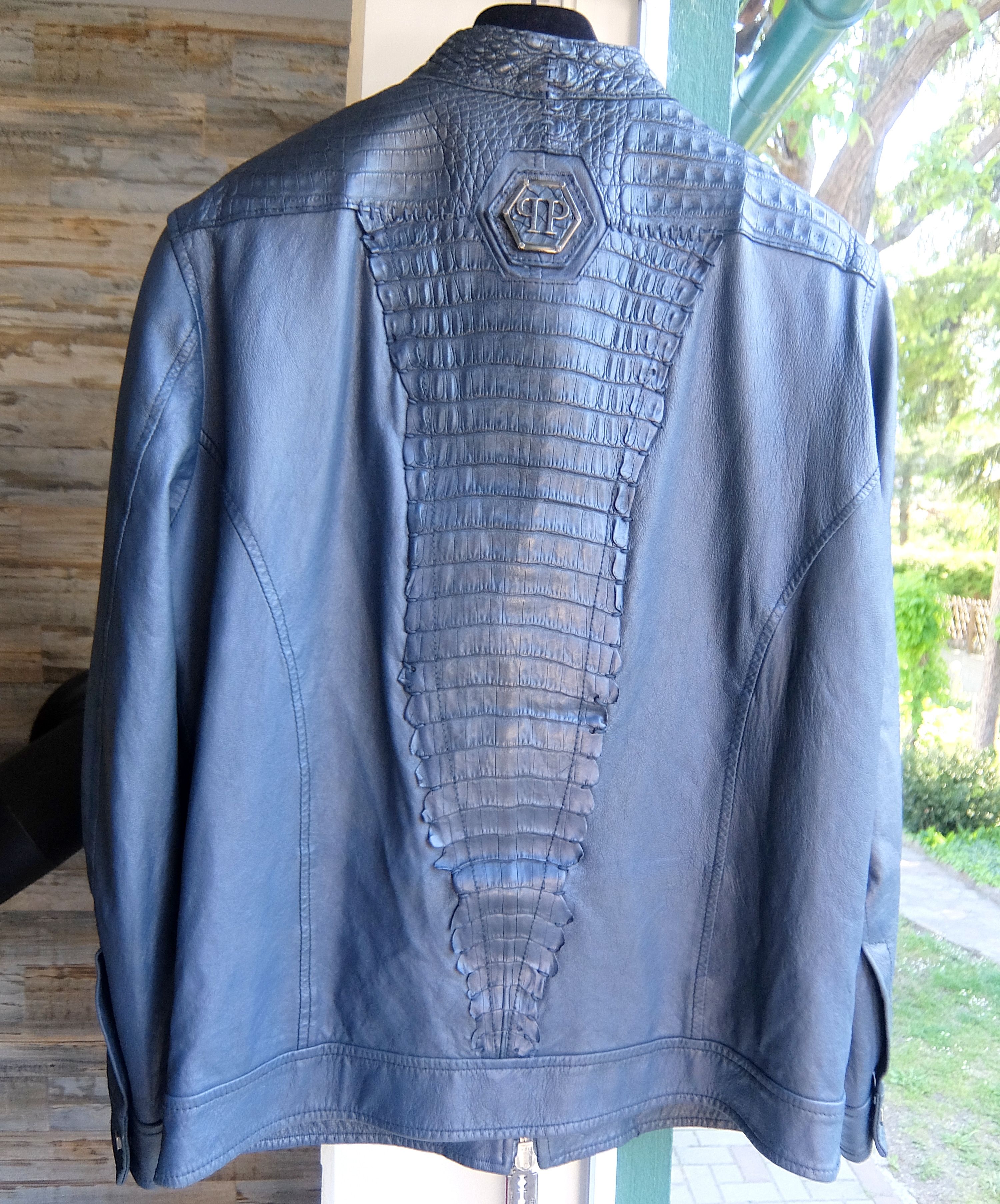 image of Philipp Plein Croco Jacket XL Blue Crocodile Leather in Blues, Men's