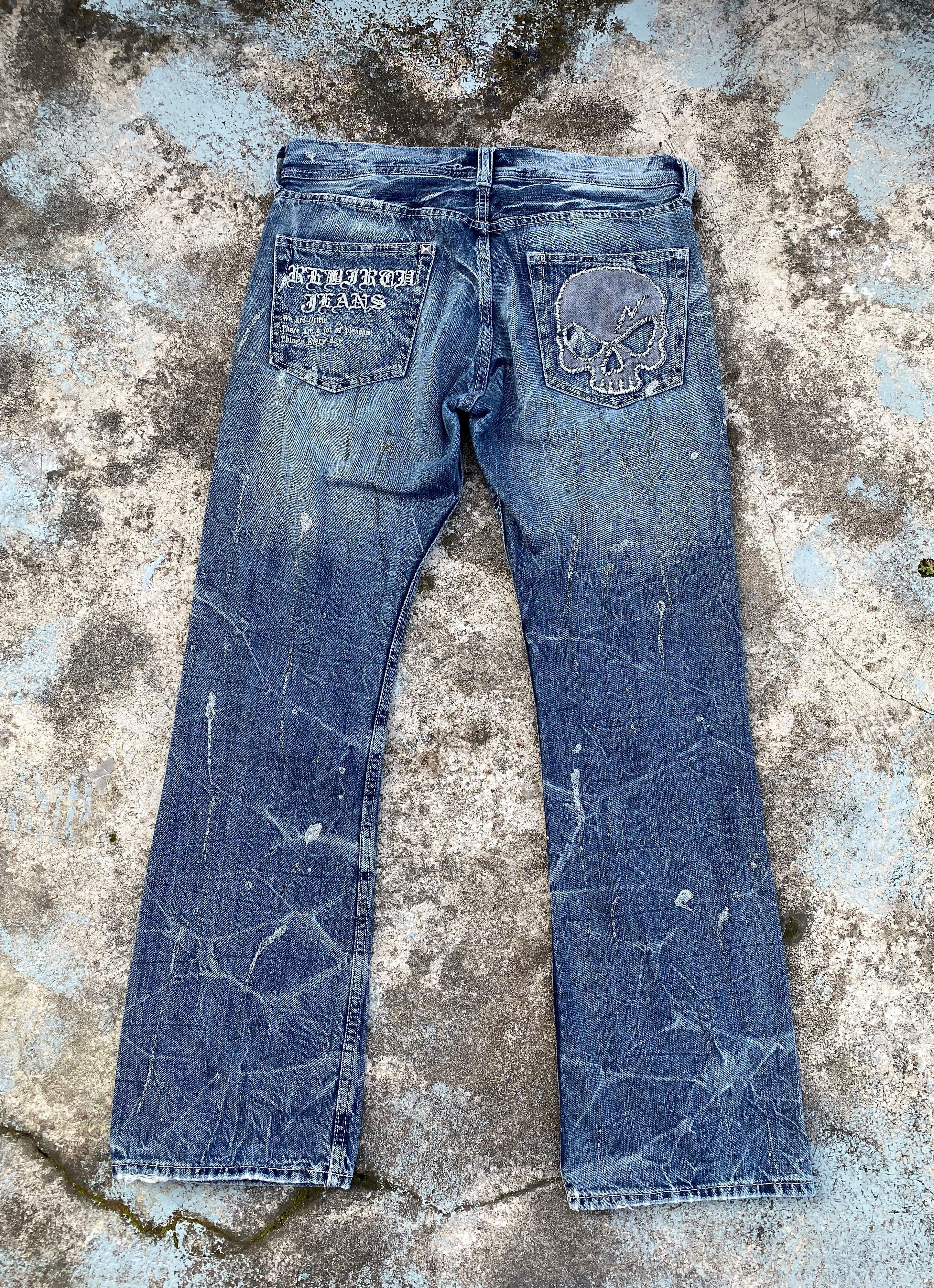 image of If Six Was Nine x Skulls Flare Pants Whiskers Splash Paint Distressed Design in Faded Blue Wash (Si