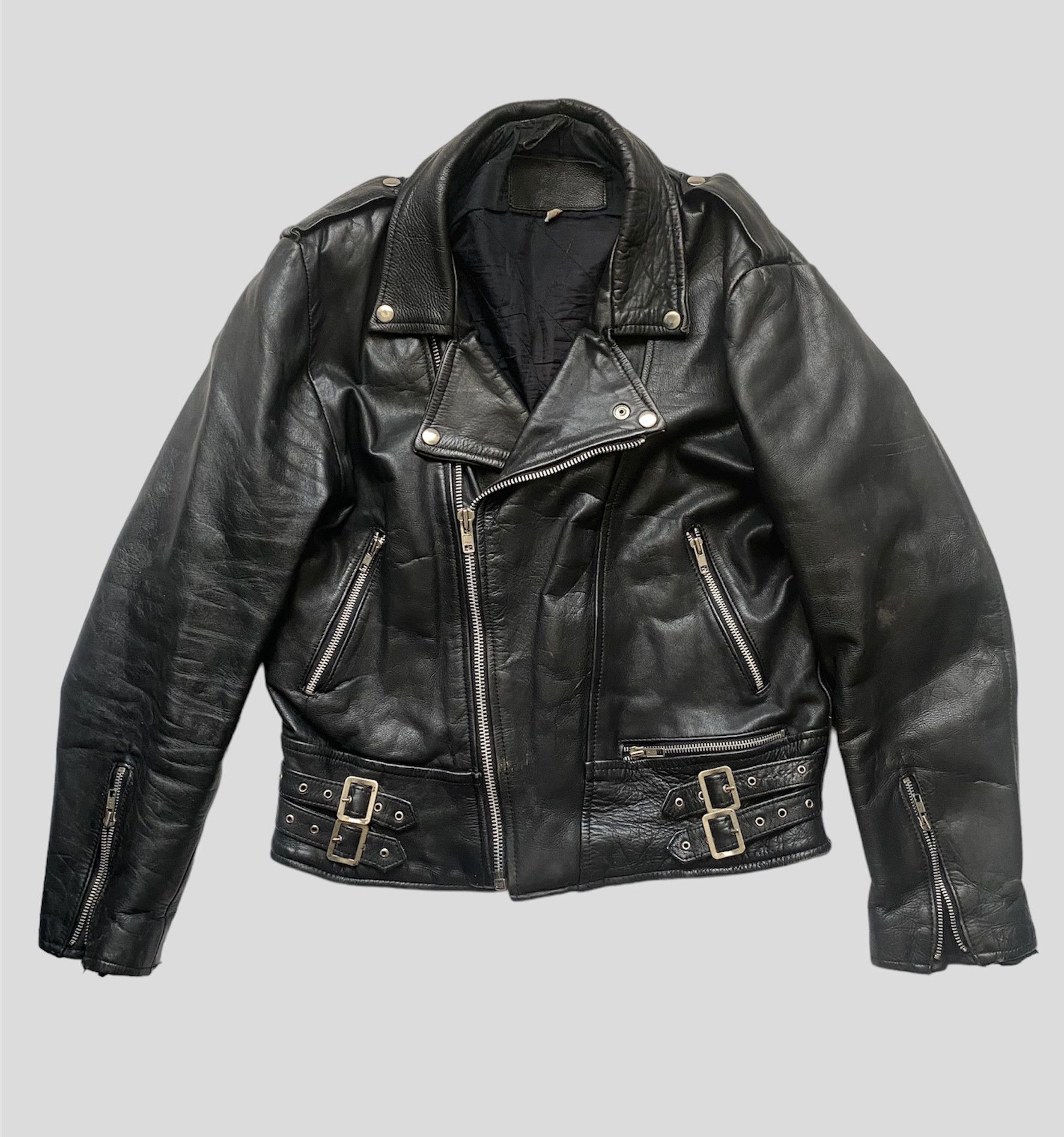 image of Rare Vintage 80's Leather Biker Jacket England Punk Style in Black, Men's (Size Medium)