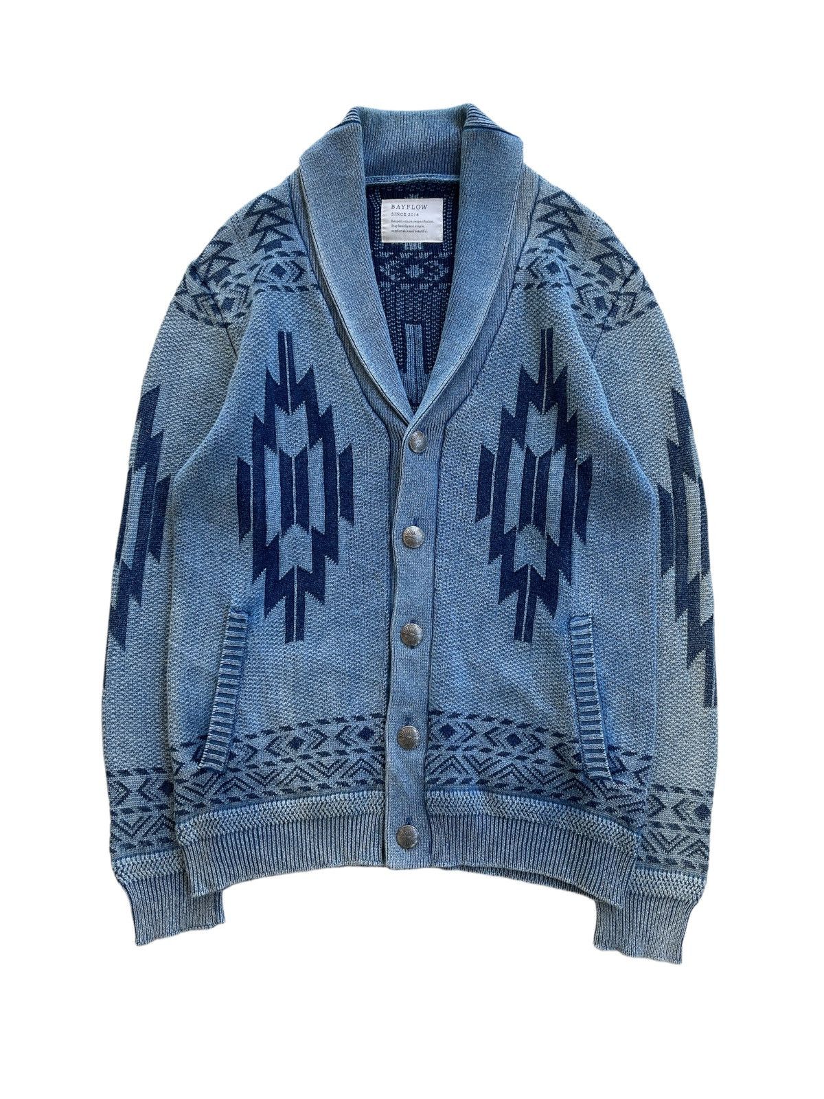 image of Jacquard Aztec Native Heavy Cardigan Knitted in Indigo Blue, Men's (Size Large)