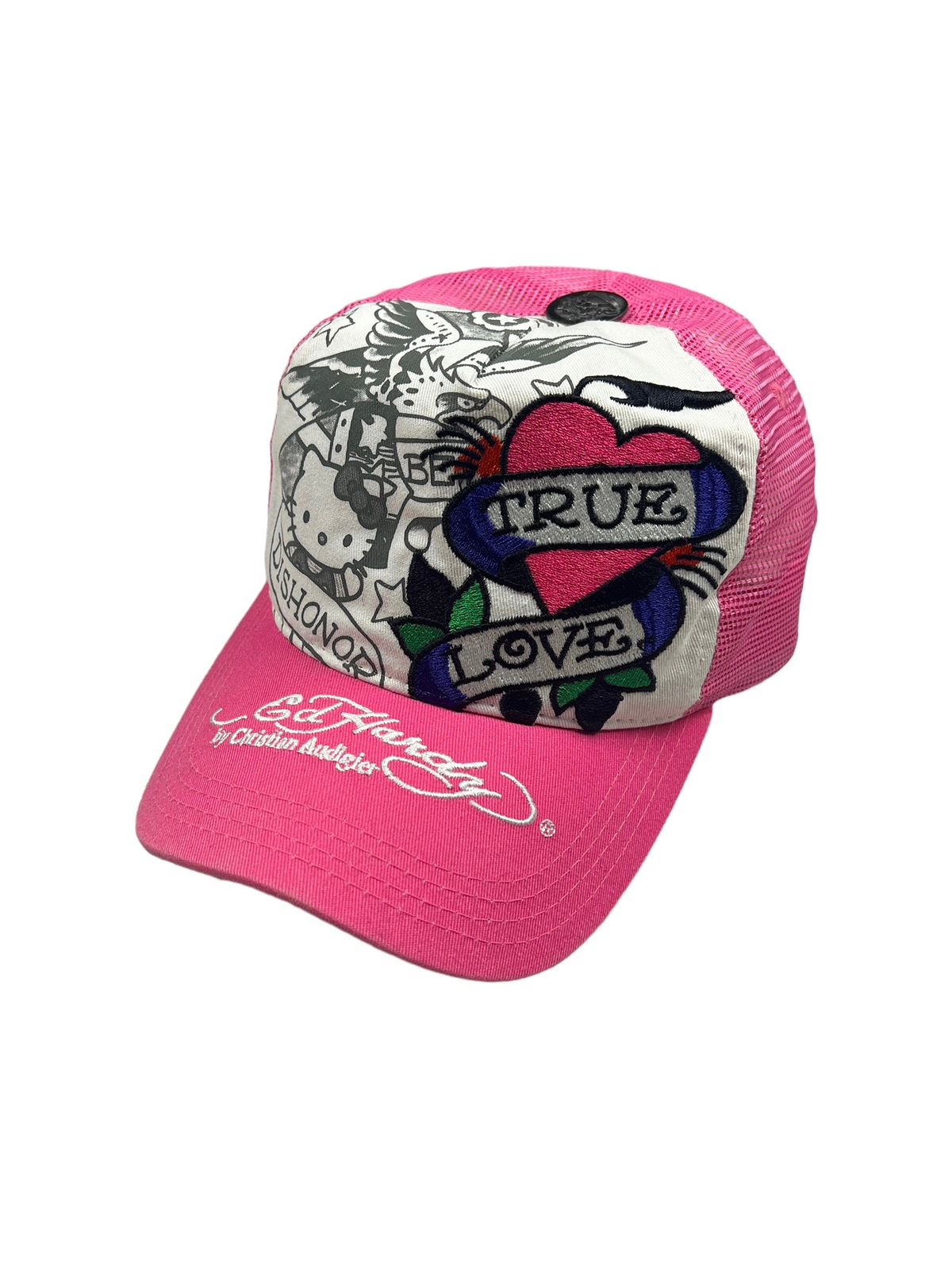 Pre-owned Ed Hardy X Trucker Hat Y2k Ed Hardy X Hello Kitty Trucker Hat In Pink