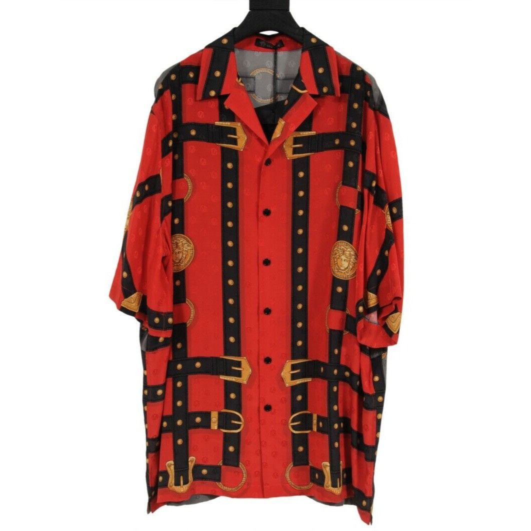 image of Versace Red Silk Medusa Head Harness Button Down Shirt, Men's (Size XL)