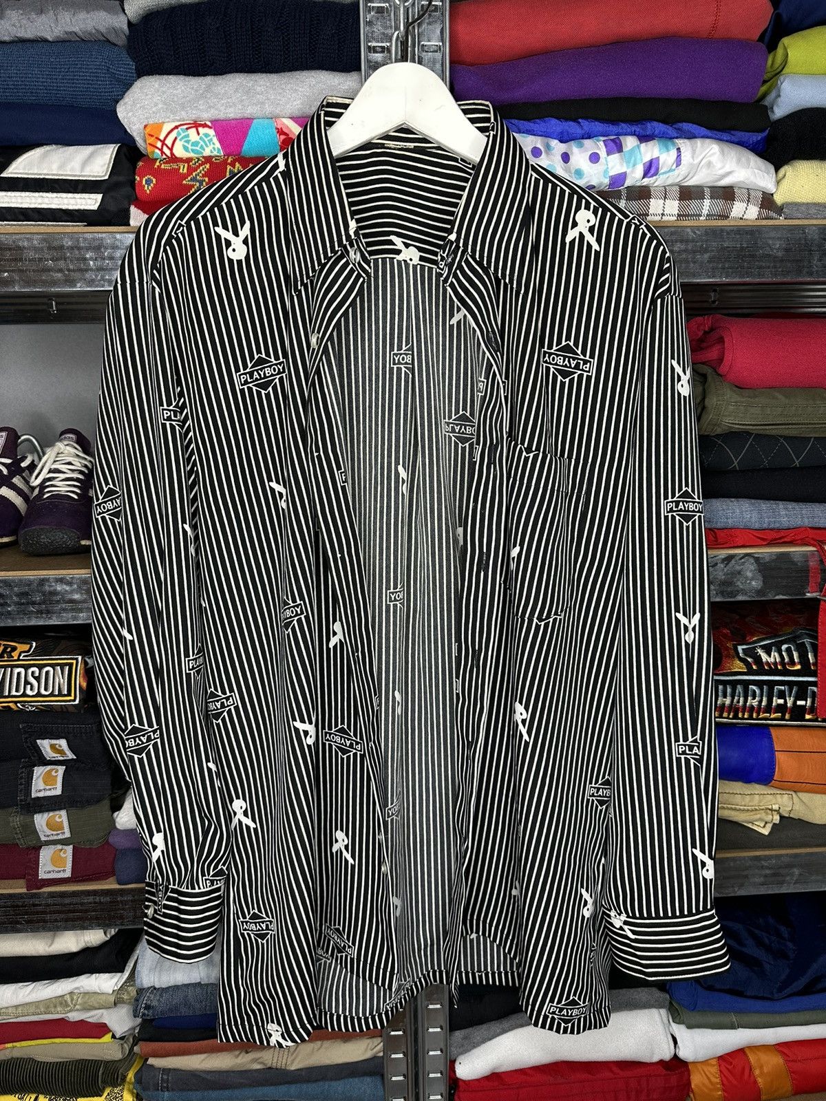 image of 90's Era Playboy Monogram Stripped Button Up Y2K Shirt in Black, Men's (Size Large)