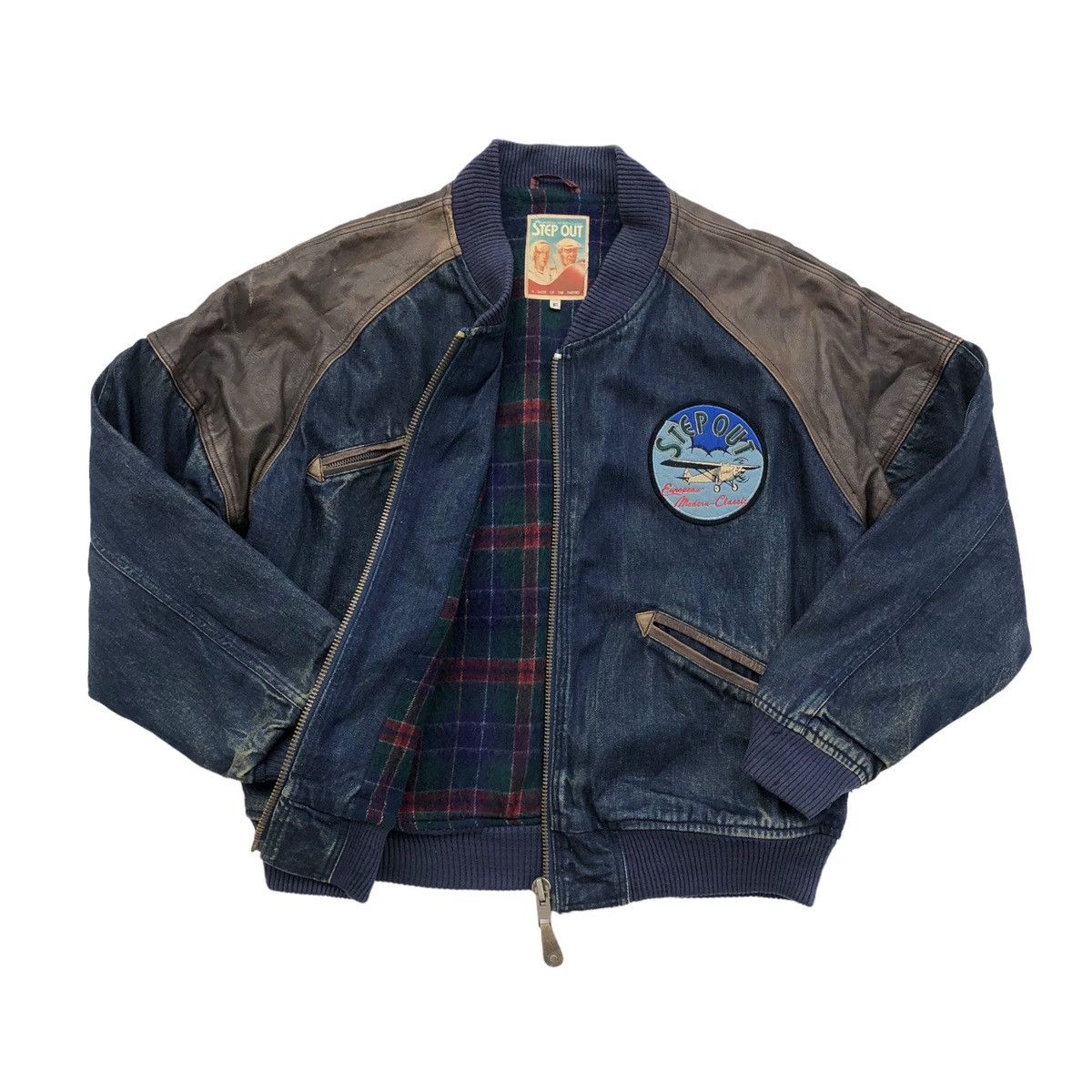 Vintage Vintage Step Out Lined Blanket Denim Leather Bomber Jacket Size US L / EU 52-54 / 3 - 1 Thumbnail