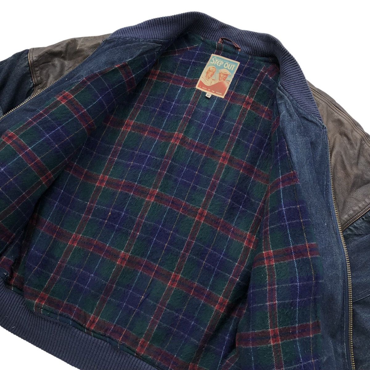 Vintage Vintage Step Out Lined Blanket Denim Leather Bomber Jacket Size US L / EU 52-54 / 3 - 4 Thumbnail
