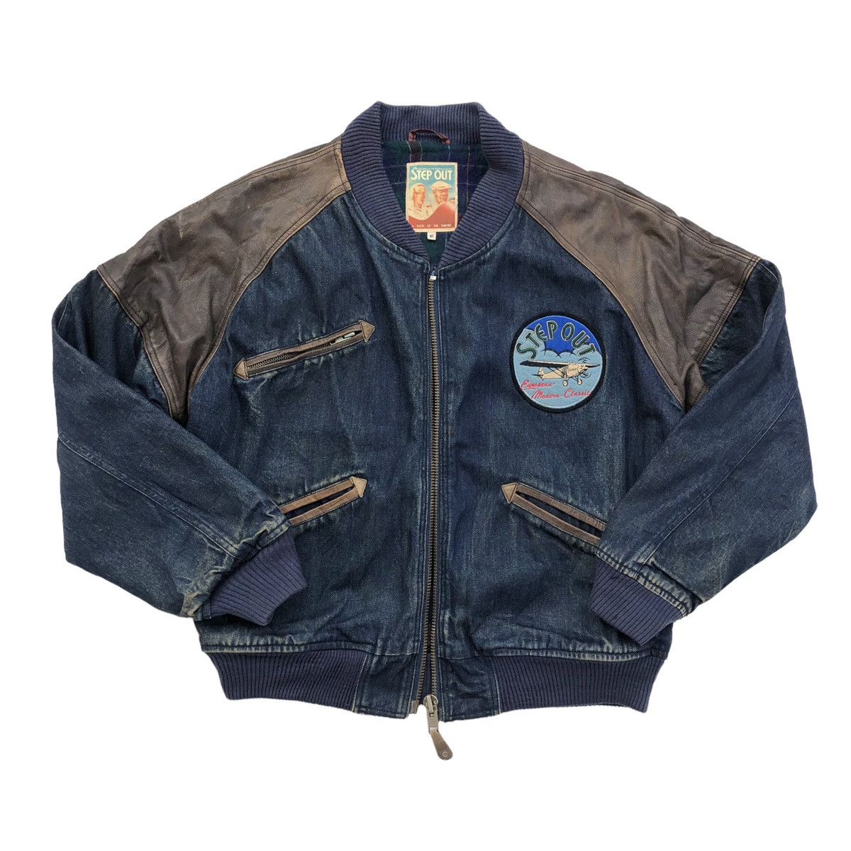 Vintage Vintage Step Out Lined Blanket Denim Leather Bomber Jacket Size US L / EU 52-54 / 3 - 2 Thumbnail