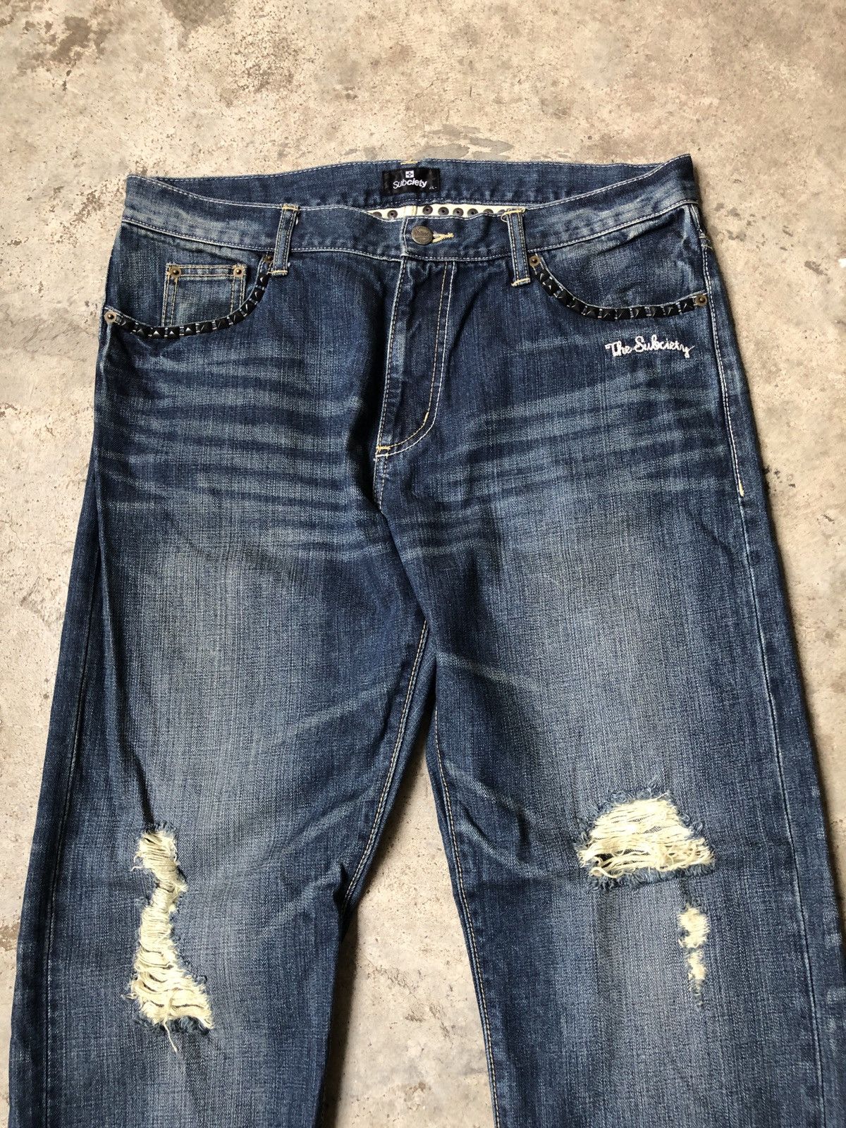 Japanese Brand SUBCIETY STUD SPIKE DENIM JEANS RIPPED STYLE Size US 36 / EU 52 - 4 Thumbnail