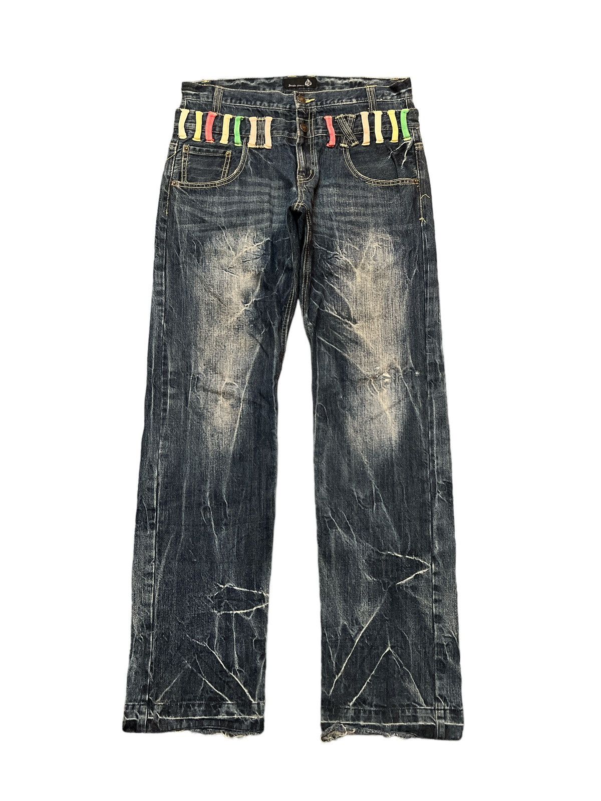 Japanese Brand × Vintage SICK‼️DOUBLE WAIST JUNGLE STORM DISTRESSED DENIM PANT Size US 32 / EU 48 - 1 Thumbnail