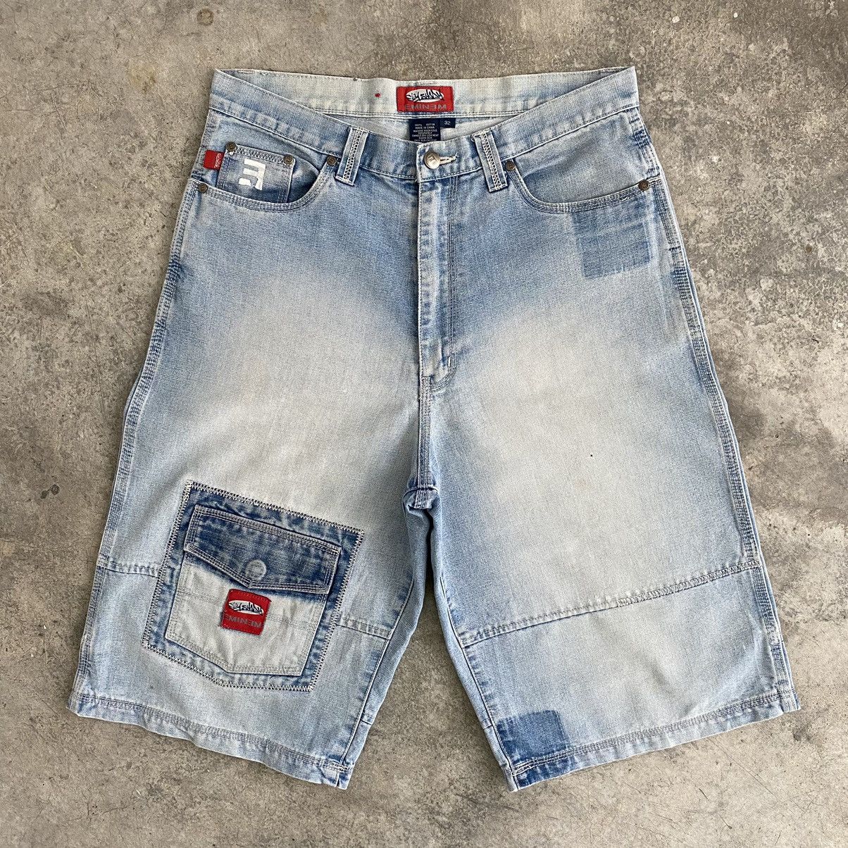 image of Eminem Slim Shady Wide Loose Baggy Denim Shorts in Washed Blue, Men's (Size 32)