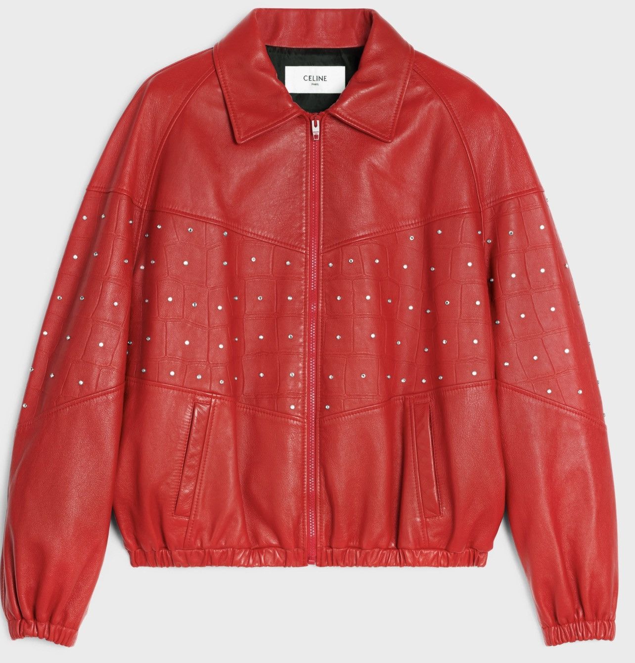 Image of Celine Leather Rhinestone Crocodile Leather Bomber Jacket in Red, Men's (Size Large)