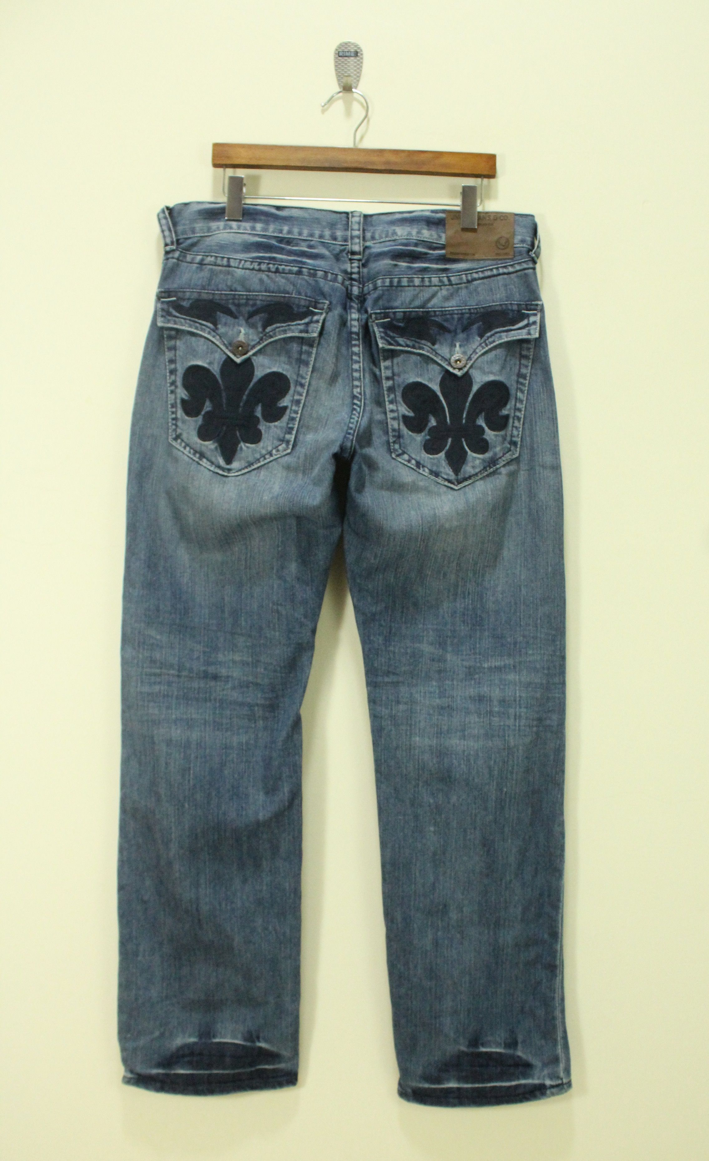 image of Fleur De Lis Jnco Pants Denim Jeans Embroidered Pockets in Blue, Men's (Size 34)