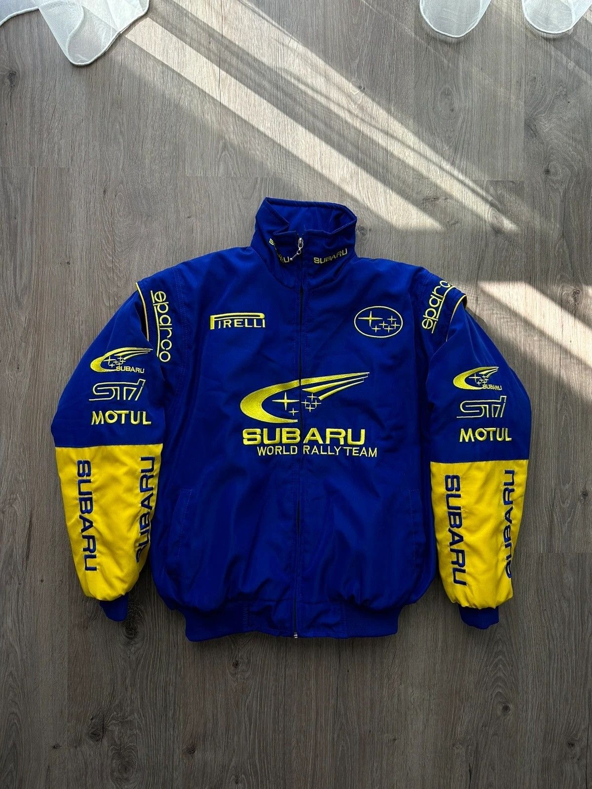 image of Nascar x Racing Vintage Subaru World Rally Team Sti Racing Jacket in Blue, Men's (Size Medium)