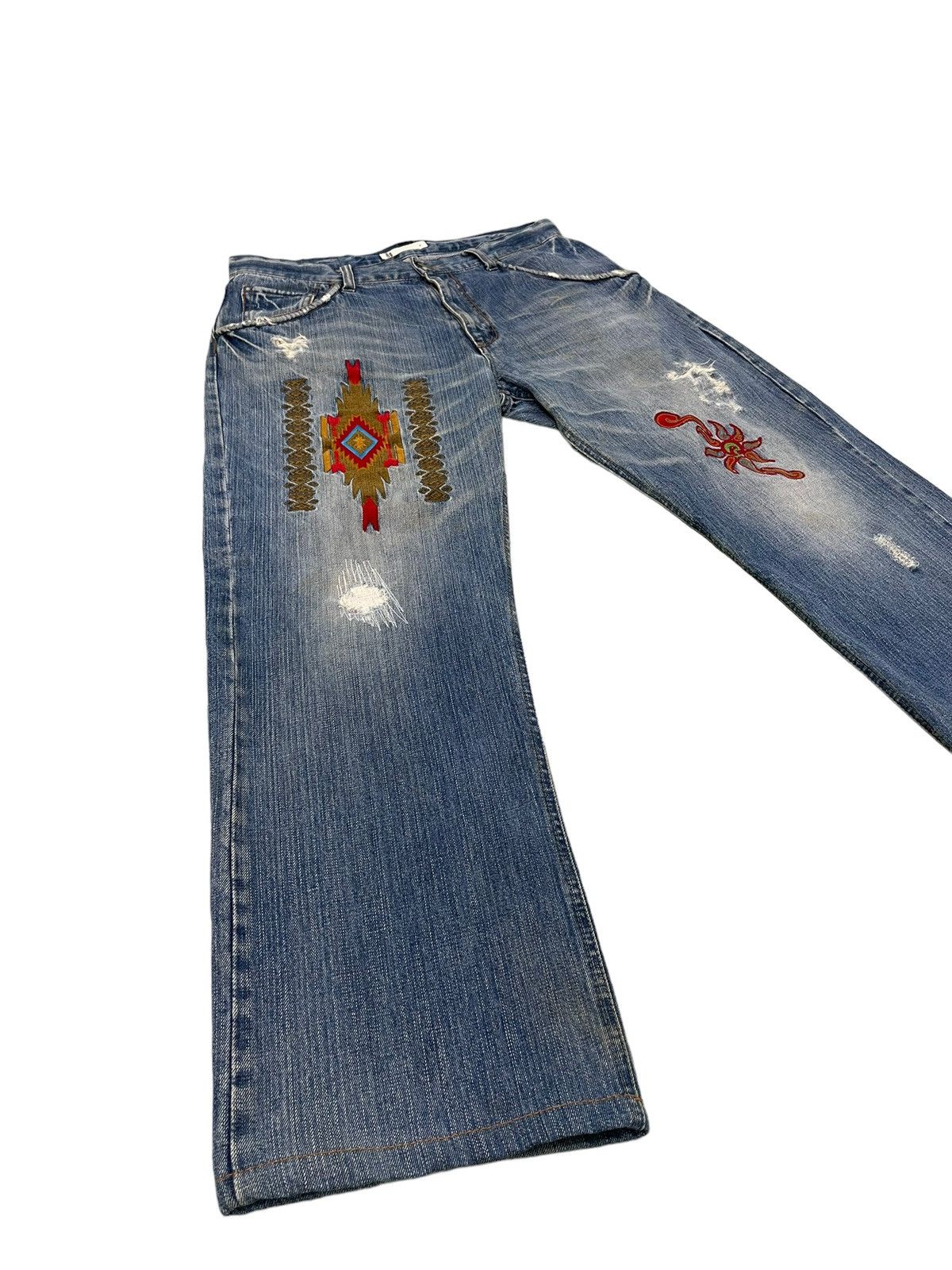 Japanese Brand Embroydery Native Jeans Global Work Distress Regular 2🟦4 Size US 33 - 2 Thumbnail