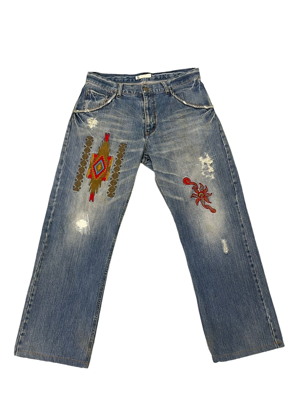 Japanese Brand Embroydery Native Jeans Global Work Distress Regular 2🟦4 Size US 33 - 1 Thumbnail