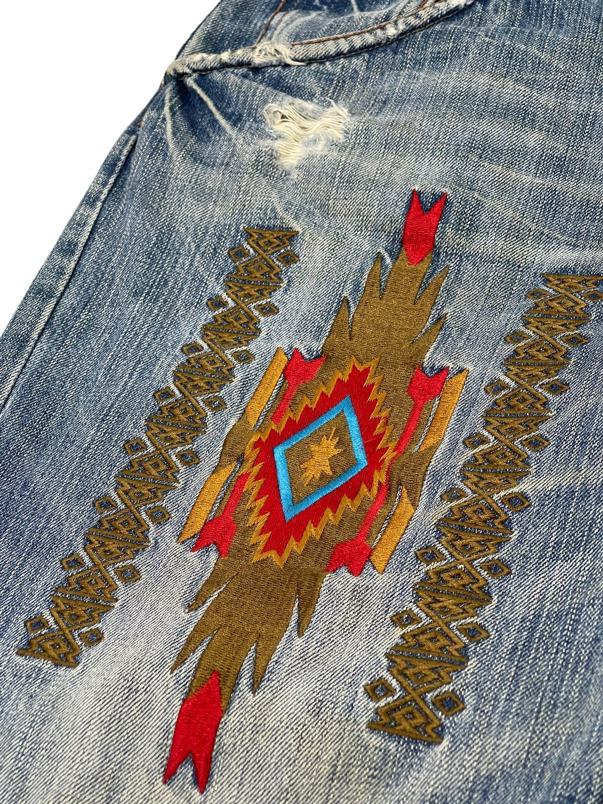 Japanese Brand Embroydery Native Jeans Global Work Distress Regular 2🟦4 Size US 33 - 8 Thumbnail