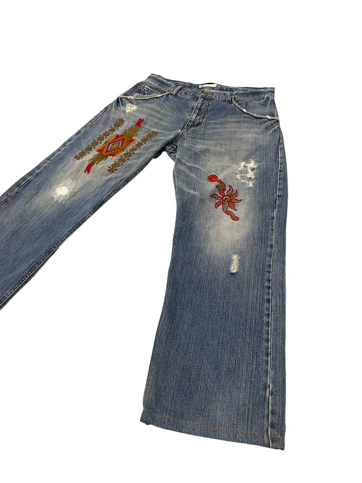 Japanese Brand Embroydery Native Jeans Global Work Distress Regular 2🟦4 Size US 33 - 3 Thumbnail