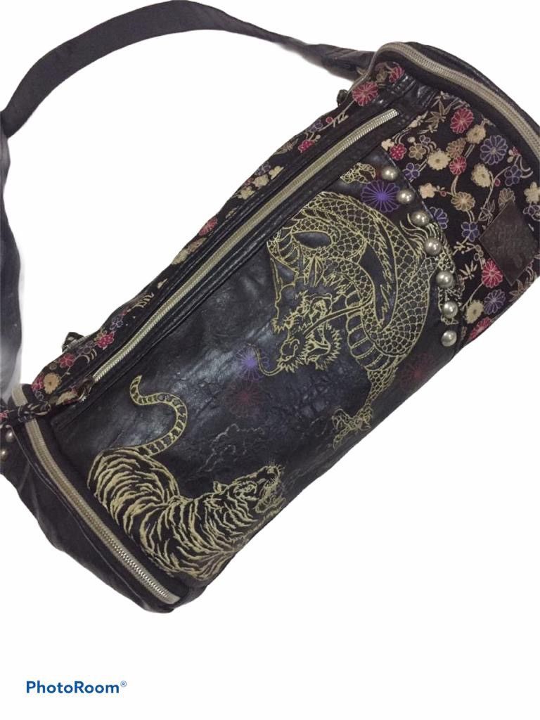 image of Leather Japan Brand Cross Body Bag Tigers Vs Dragons in Black, Men's