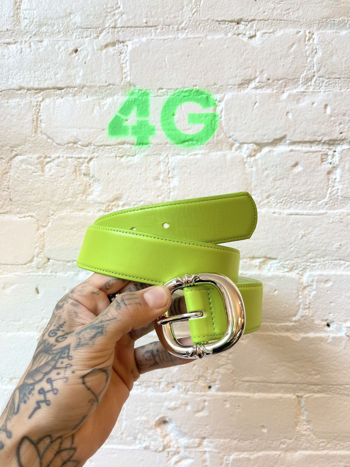 image of Chrome Hearts 4G Neon Lime Green Belt, Men's