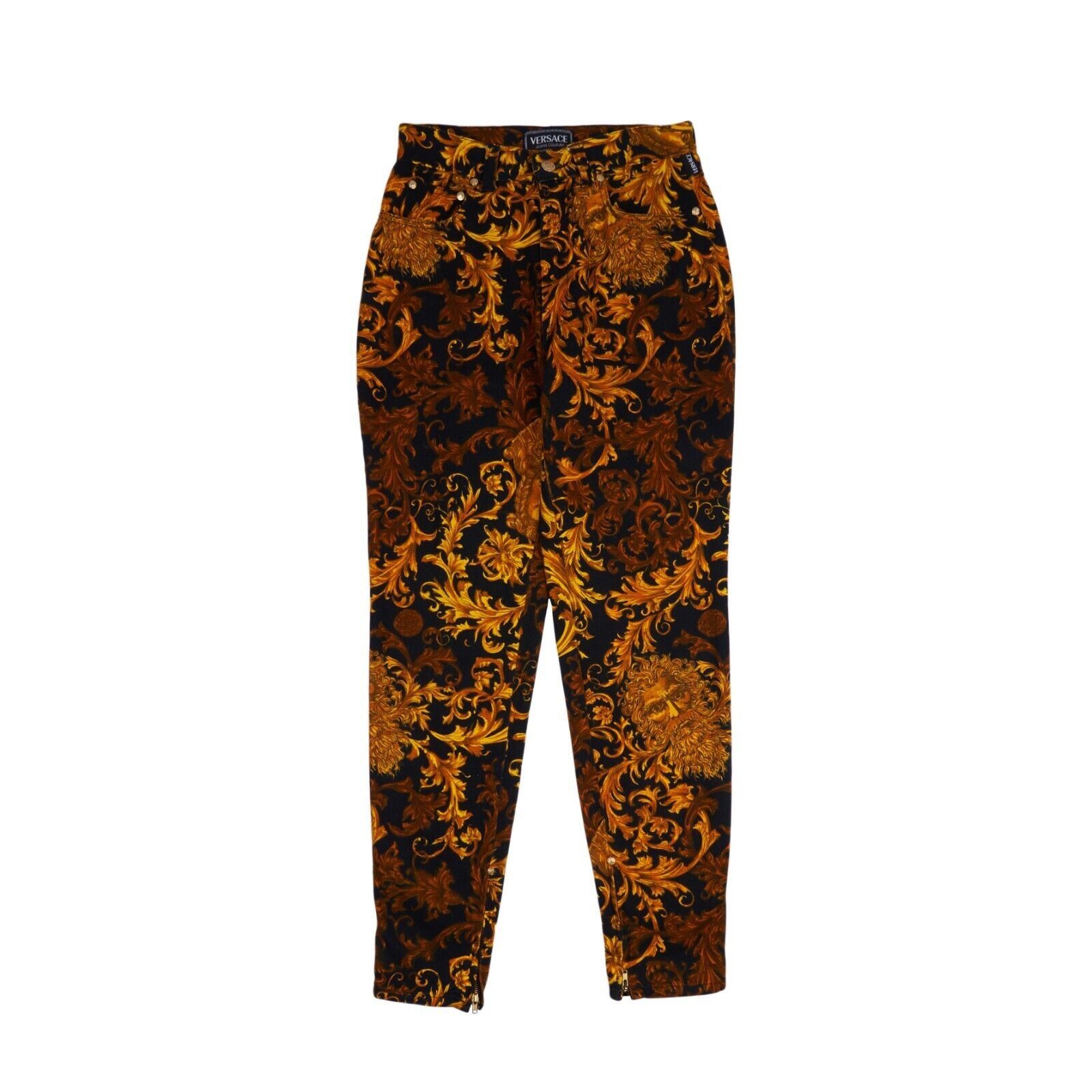 Vintage VERSACE Pants Black Baroque Leaves Logo Ankle Zip Je