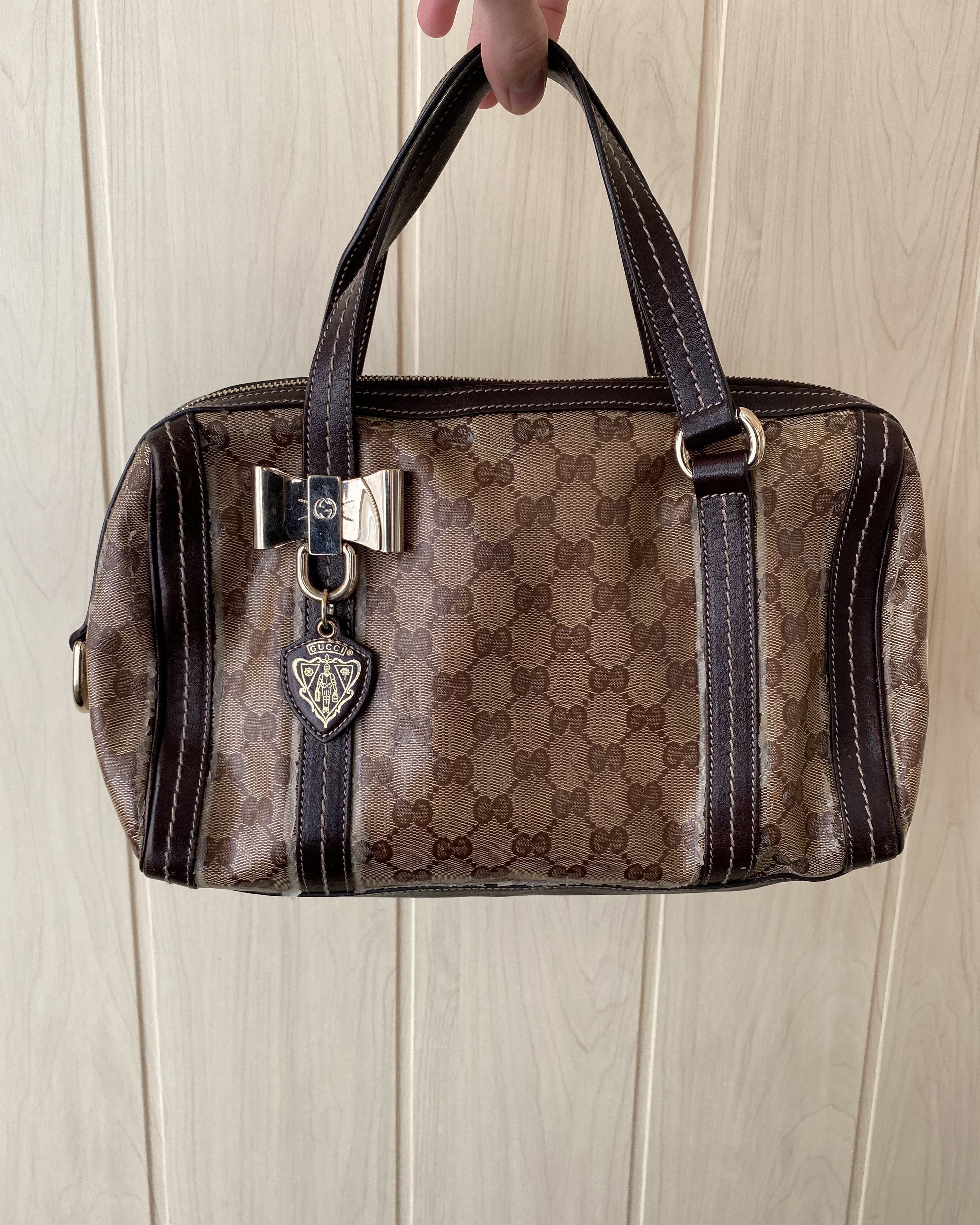 image of Gucci Boston Monogram Handbag in Beige/Brown, Women's