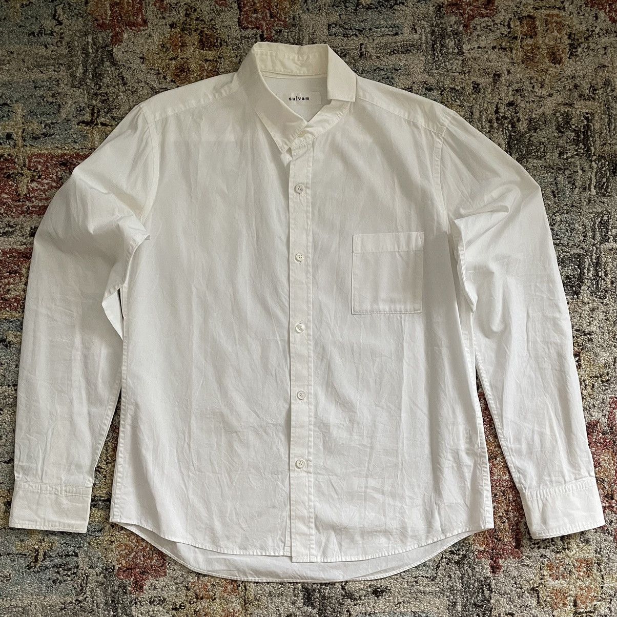 image of Sulvam Asymmetry Detachable Collar Buttonup Shirt Cotton White, Men's (Size Small)