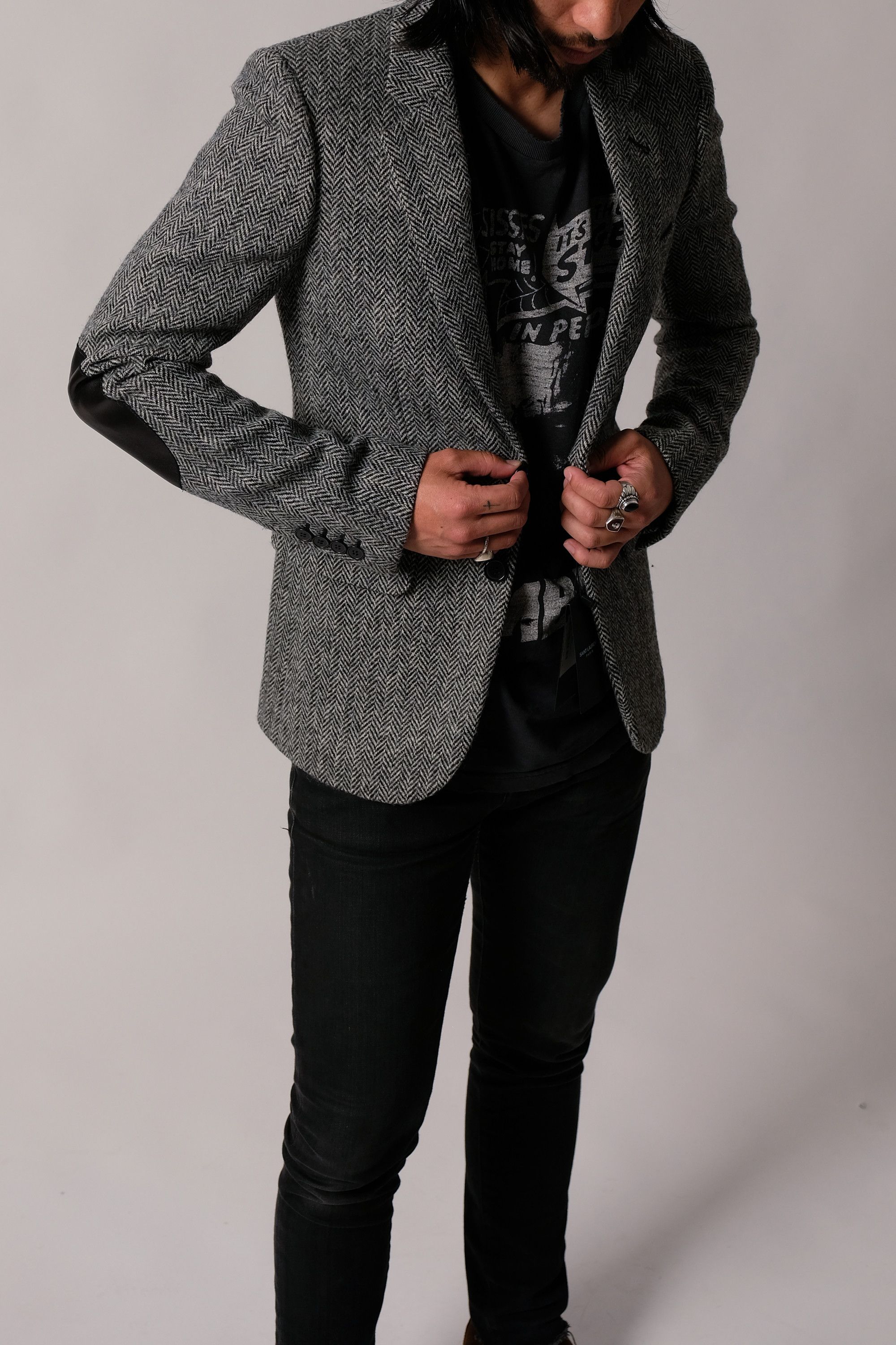 Pre-owned Hedi Slimane X Saint Laurent Paris Fw15 Saint Laurent Paris Wool Herringbone Blazer Jacket In Grey
