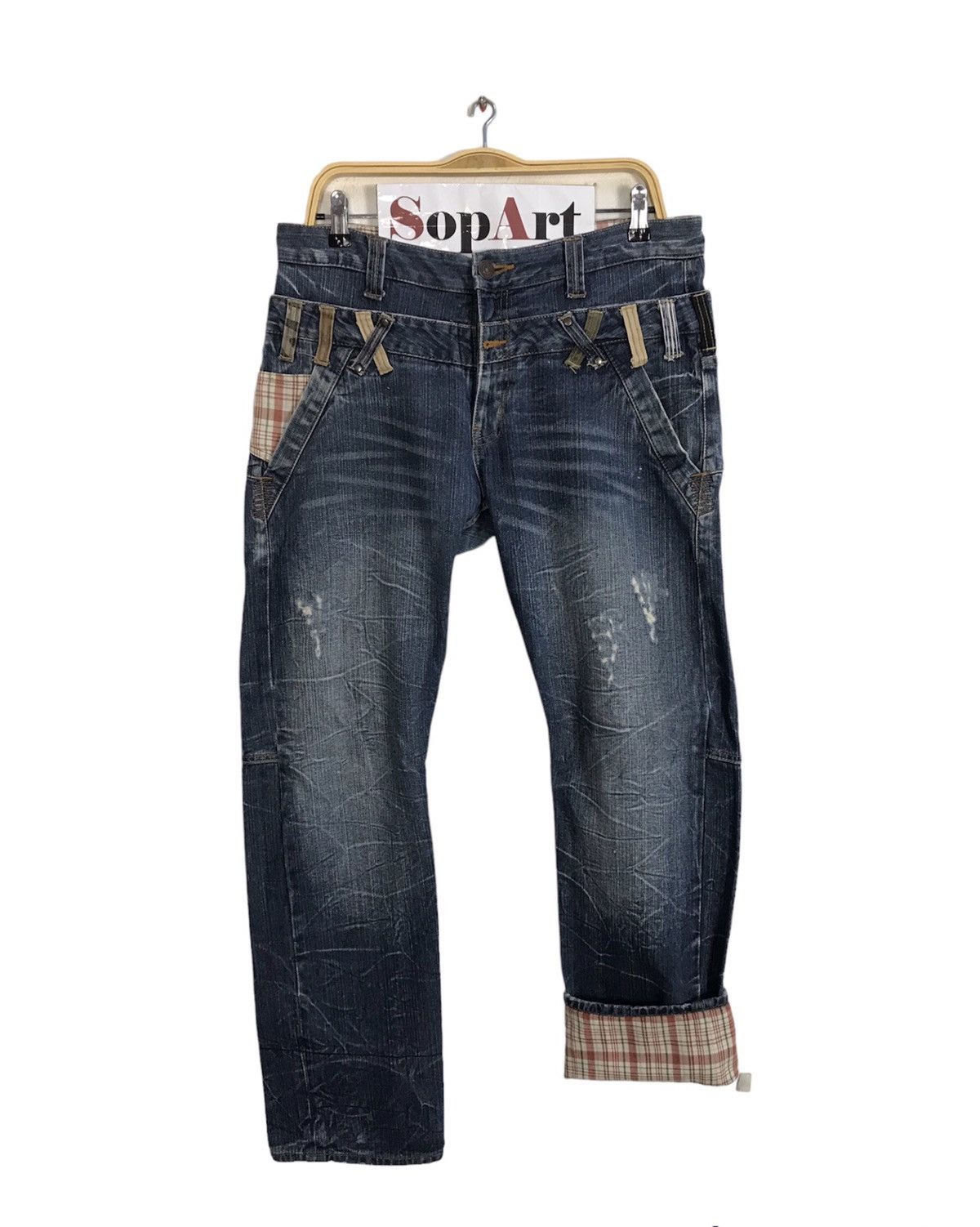 image of Vintage Dominate Handcrafted Distressed Design Plaid Jeans in Blue, Men's (Size 34)