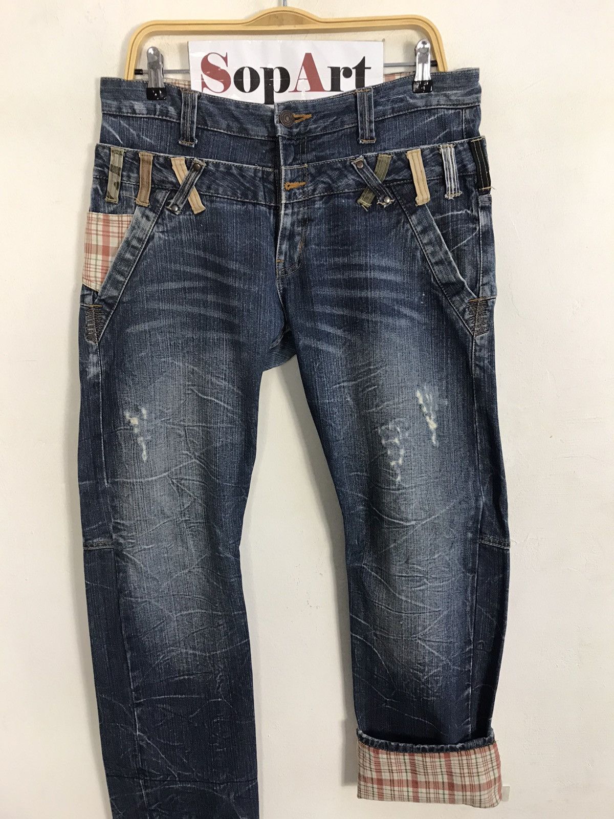 Japanese Brand Vintage Dominate Handcrafted Distressed Design Plaid Jeans Size US 34 / EU 50 - 3 Thumbnail