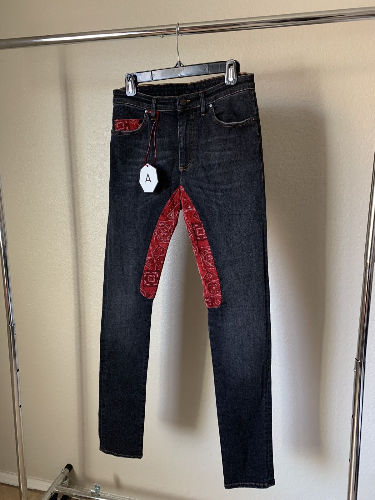 image of Alchemist $500 Red Bandana Paisley Skinny Denim Jeans in Black, Men's (Size 29)