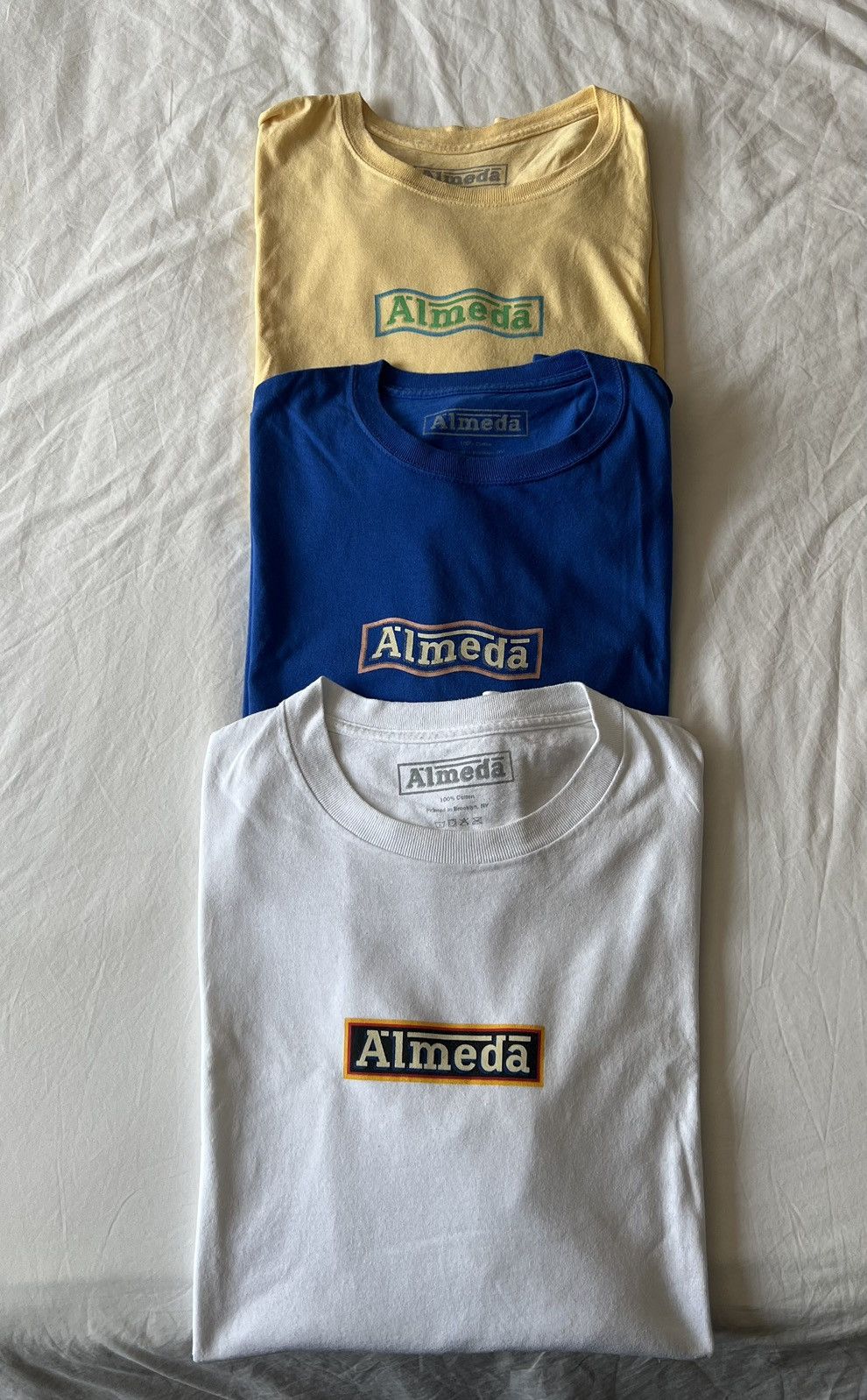 image of Almeda Club Brooklyn Box Logo Tees White, Yellow, Blue , Men's (Size 2XL)