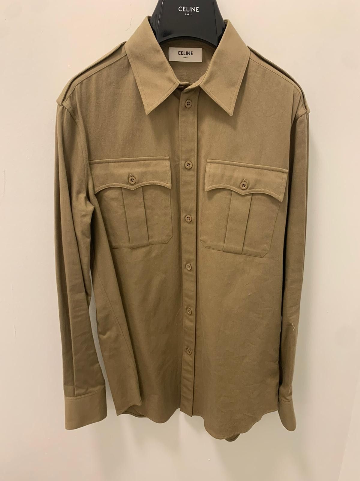 image of Celine Chemise Militare Twill Cotton Leger Beige Button Shirt, Men's (Size Small)