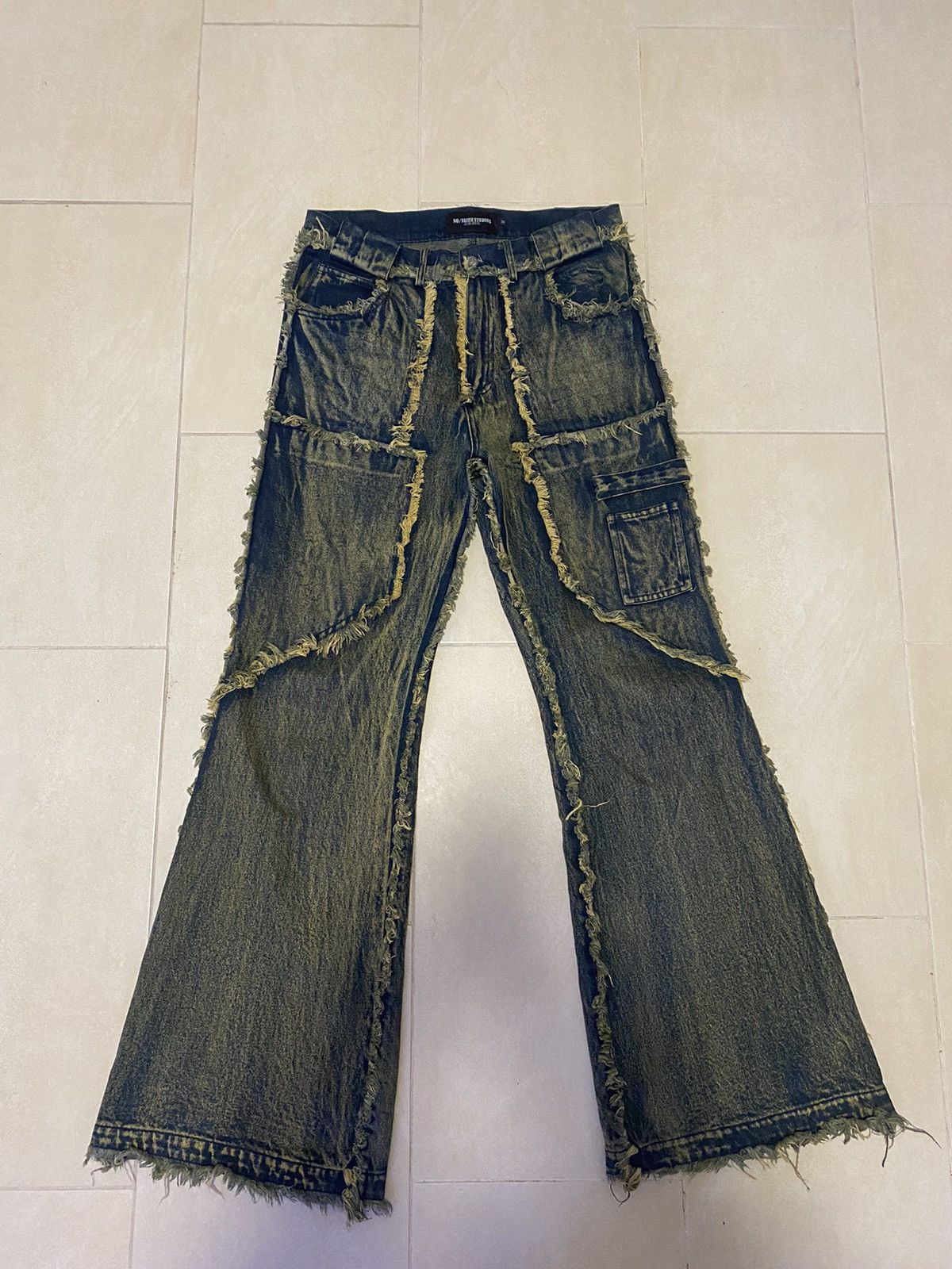 No Faith Studios FLARED DENIM 002 GREEN/BLUE size M no faith