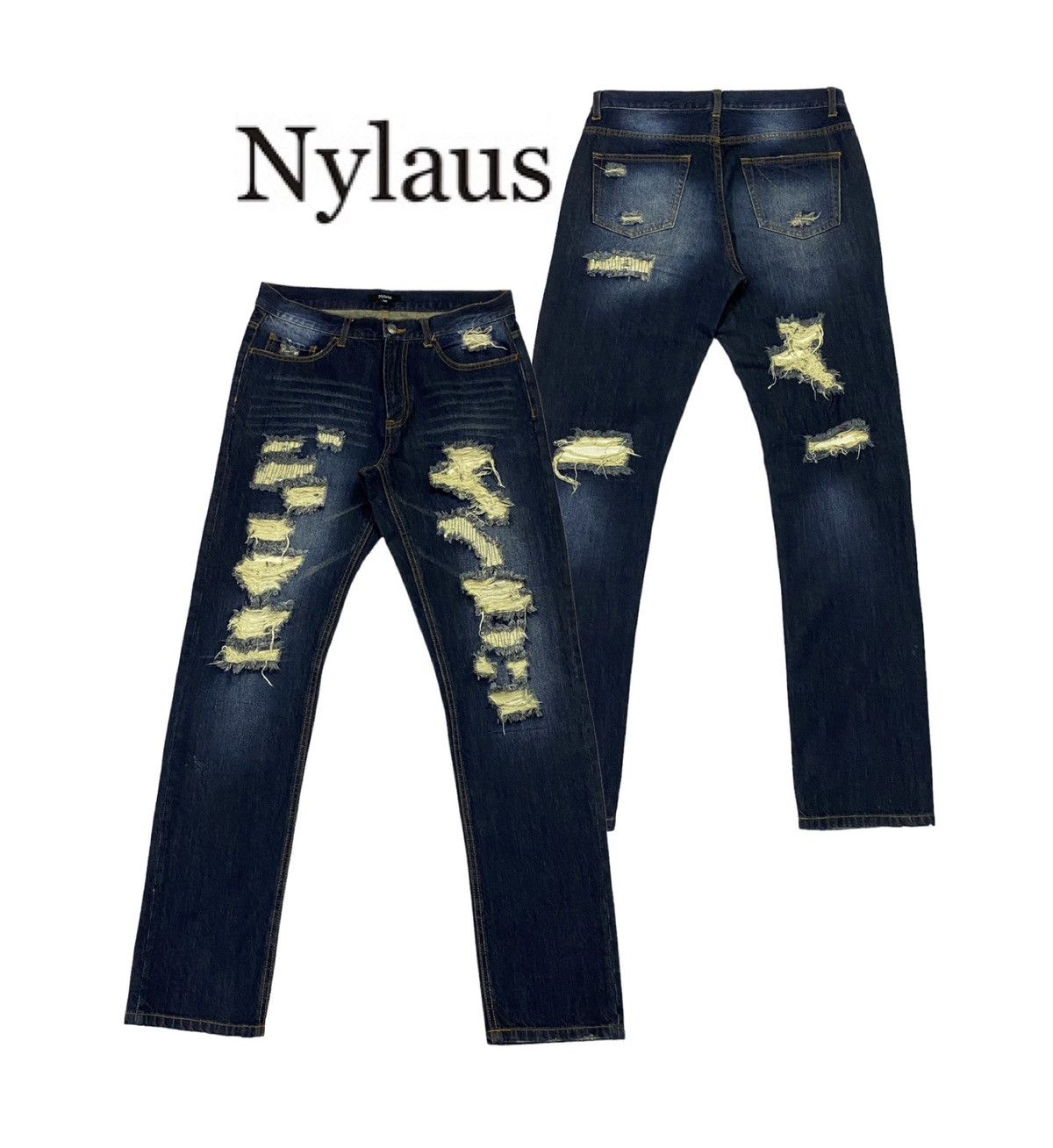 Japanese Brand Nice Design‼️“NYLAUS” Ripped Distressed Denim Pants Size US 32 / EU 48 - 1 Thumbnail