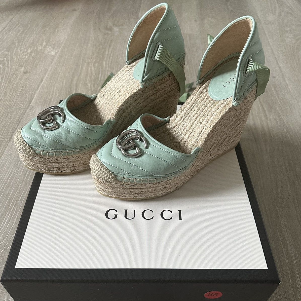gucci green leather platform espadrille lace up wedges