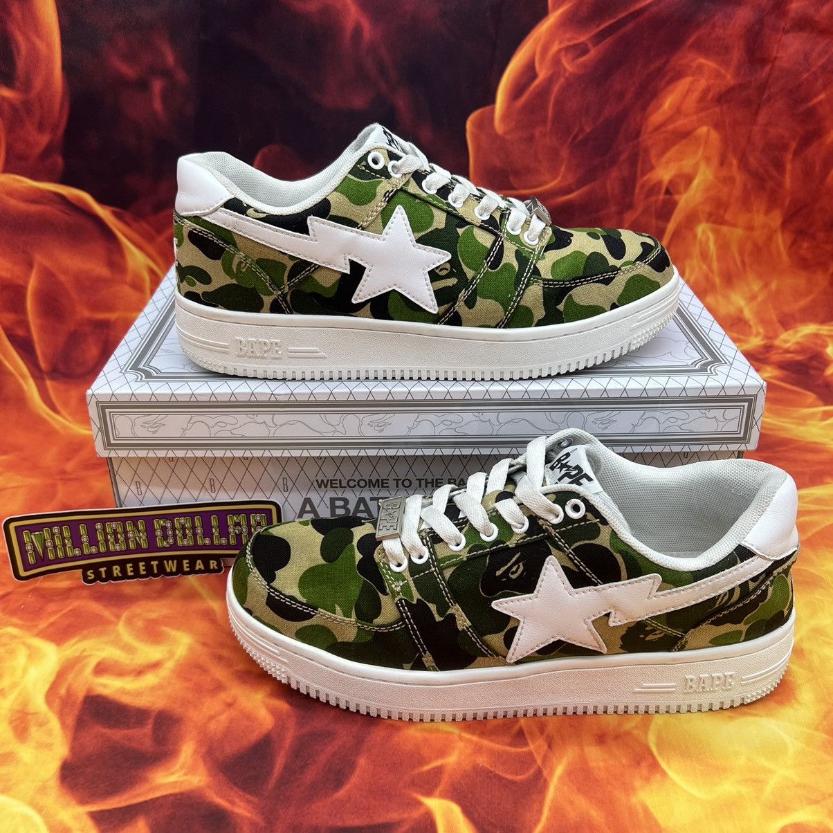 image of Bapesta Low Abc Camo 20Th Anniversary Sz- 10M Shoes in Green Camo/White, Men's