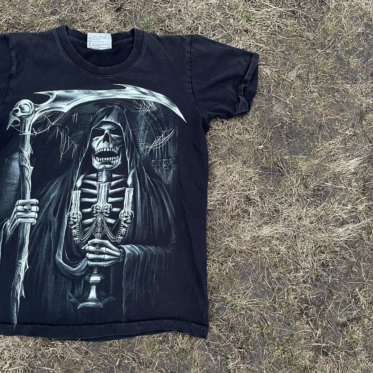 Vintage Vintage 90s Goth Graphic Tee Reaper Skull Black Distressed S Size US S / EU 44-46 / 1 - 3 Thumbnail