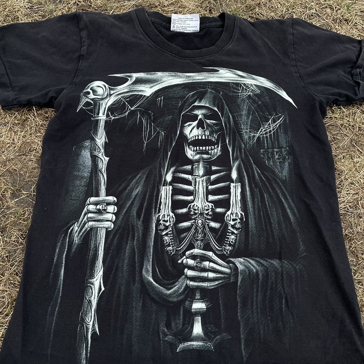 Vintage Vintage 90s Goth Graphic Tee Reaper Skull Black Distressed S Size US S / EU 44-46 / 1 - 4 Thumbnail
