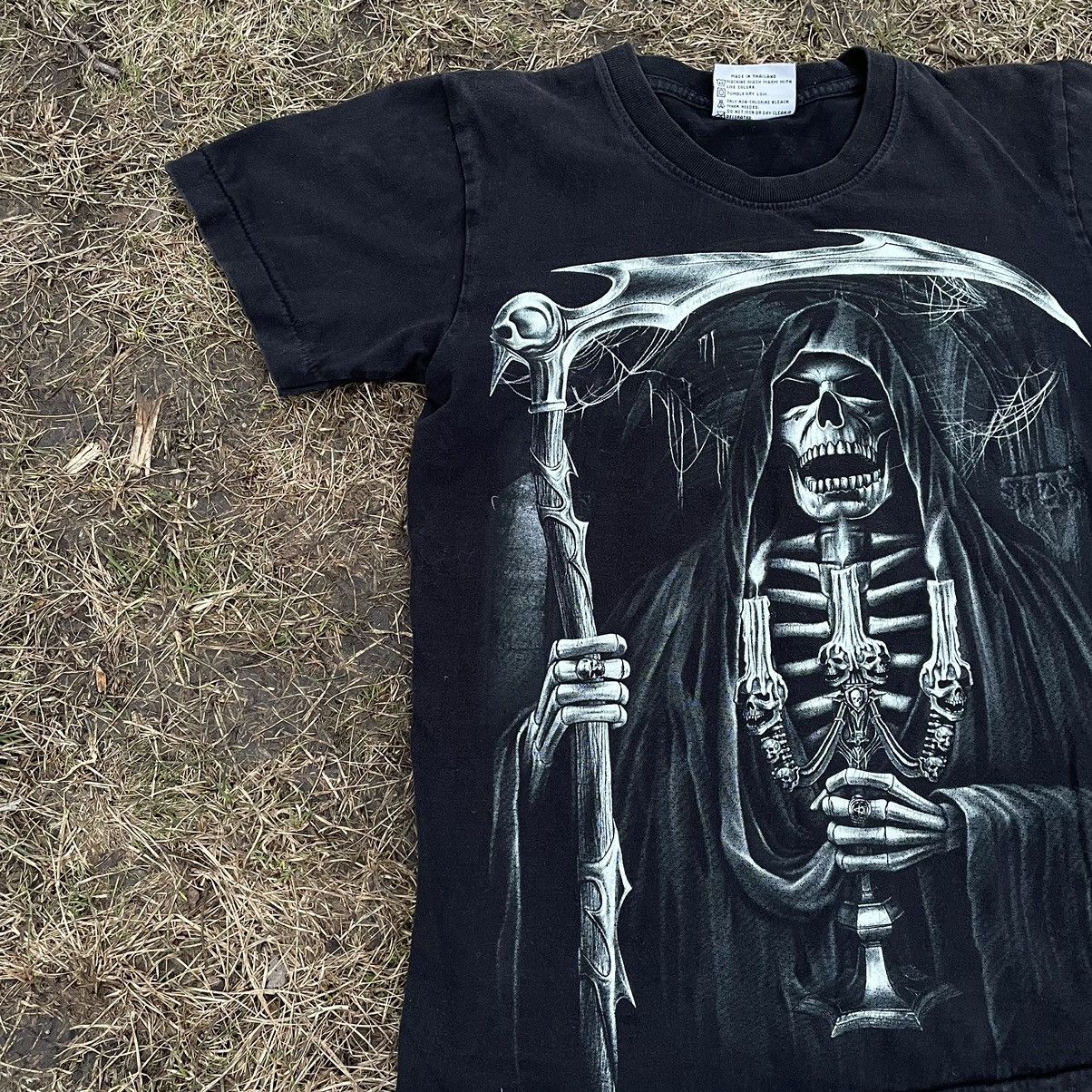 Vintage Vintage 90s Goth Graphic Tee Reaper Skull Black Distressed S Size US S / EU 44-46 / 1 - 2 Thumbnail