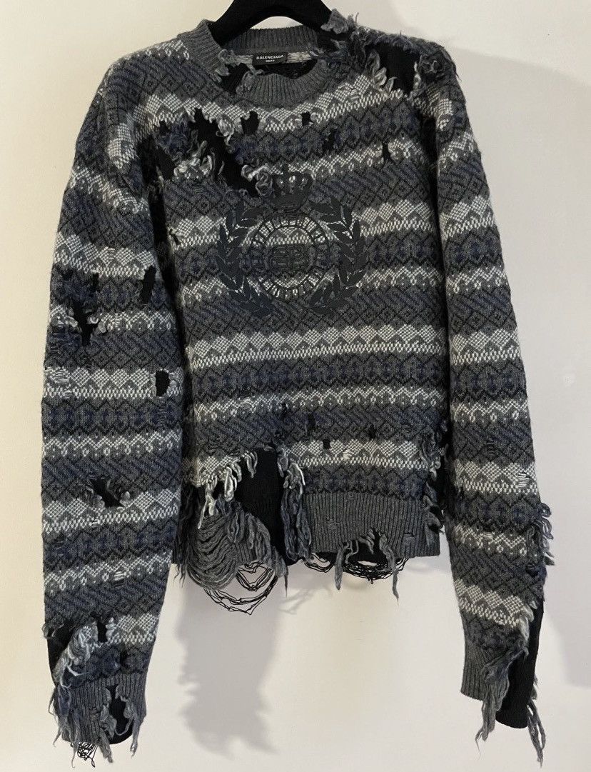 image of Balenciaga Bb Distressed Knit Sweater in Grey, Men's (Size Small)