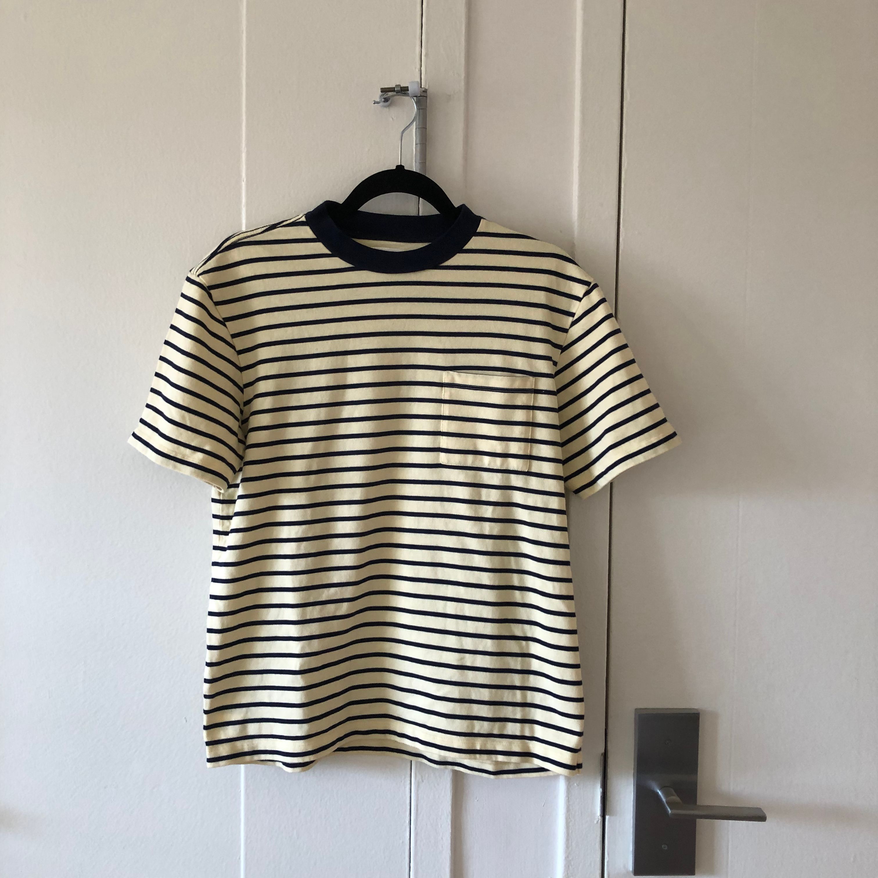 Pre-owned Aimé Leon Dore Striped Pocket Tee In Butter/navy