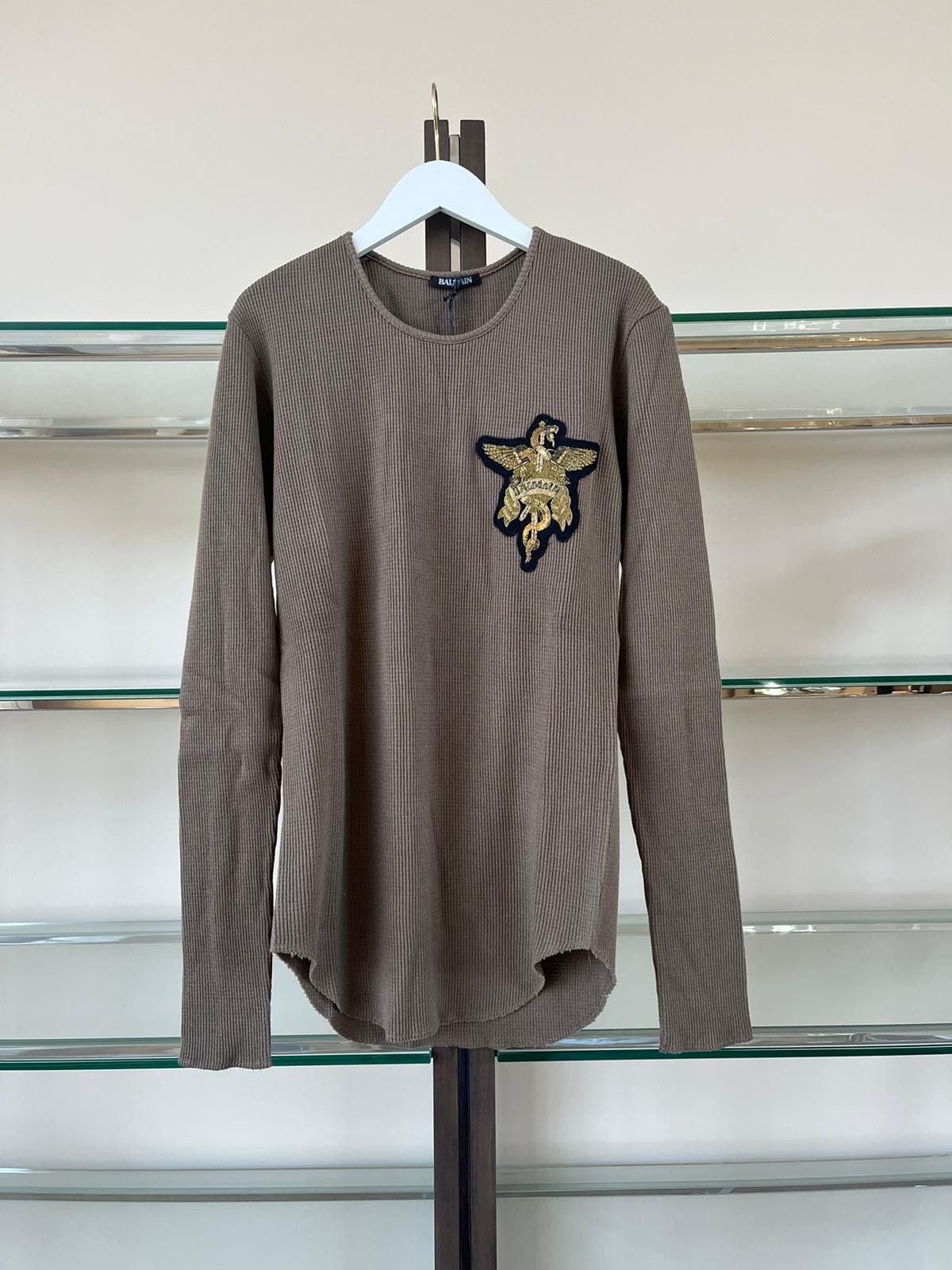 image of Balmain Embroidered Dagger Logo Crest Thermal Waffle Knit Sweater in Light Brown (Size Medium)
