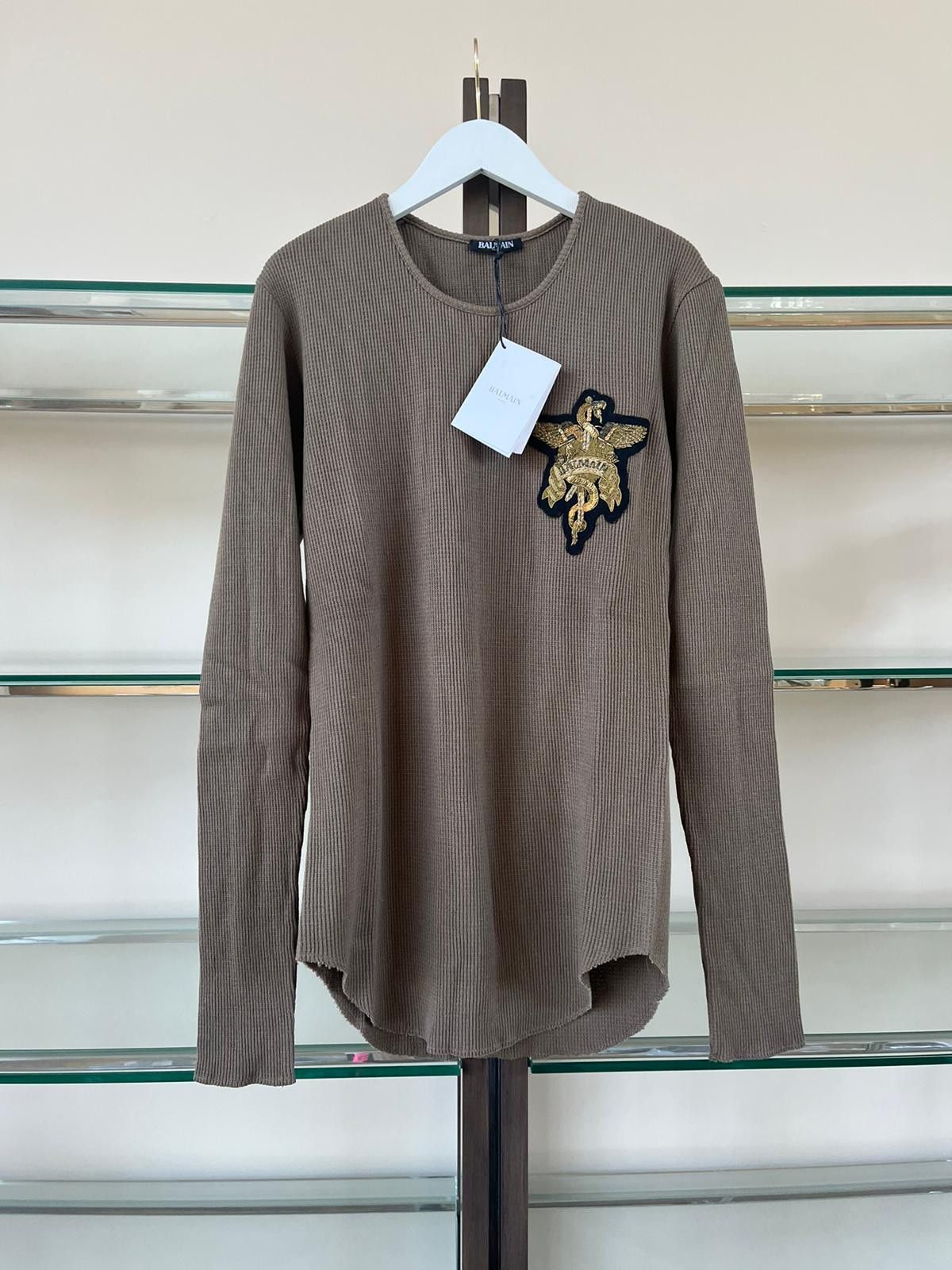 Balmain Embroidered Dagger Logo Crest Thermal Waffle Knit Sweater Size US M / EU 48-50 / 2 - 12 Thumbnail