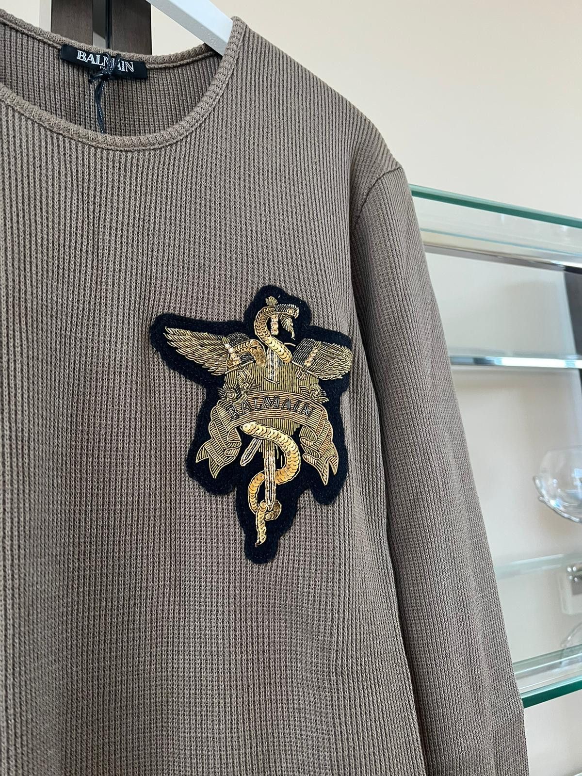 Balmain Embroidered Dagger Logo Crest Thermal Waffle Knit Sweater Size US M / EU 48-50 / 2 - 6 Thumbnail