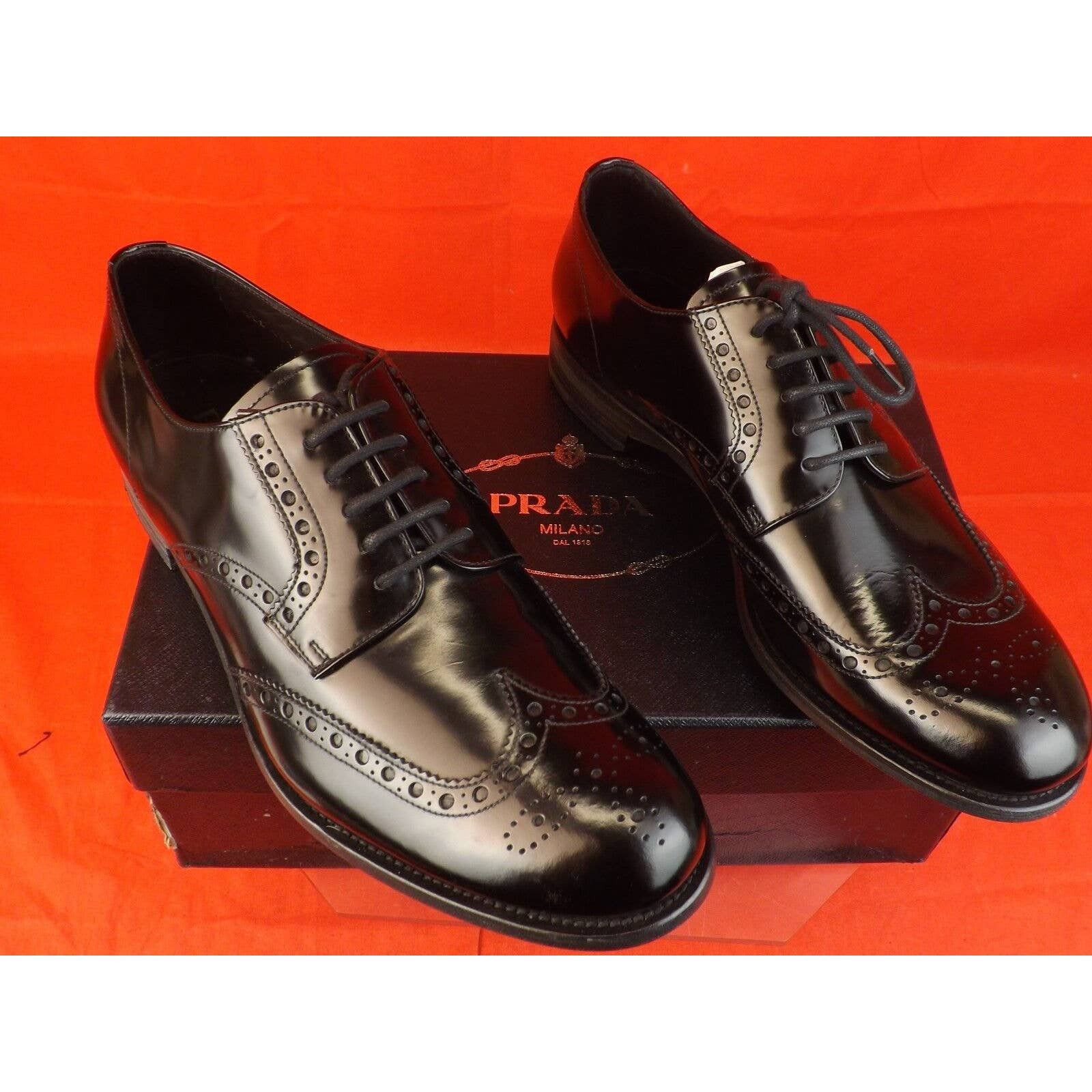 Prada 2EE061 BLACK PATENT LEATHER WINGTIP BROGUE OXFORDS 10 11 Size US 11 / EU 44 - 5 Thumbnail