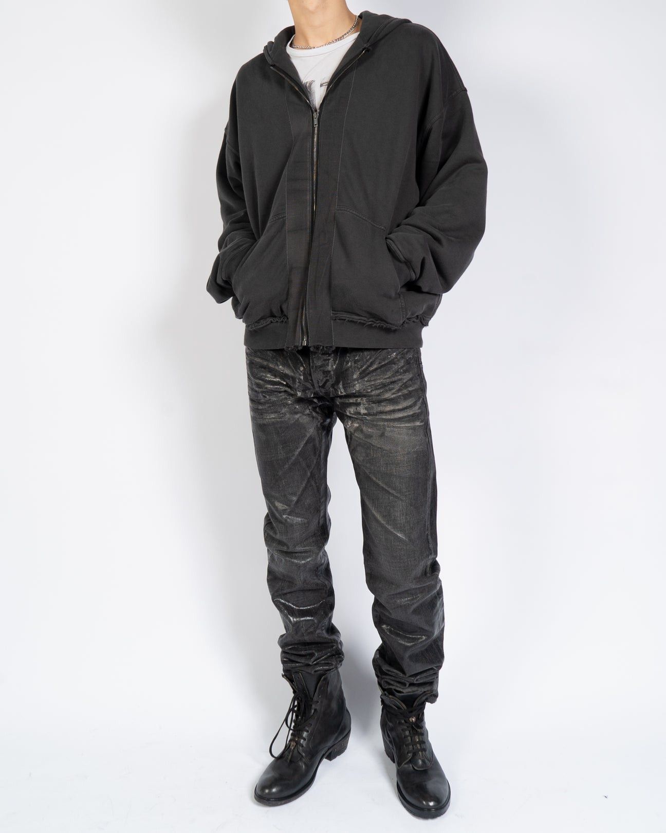 Haider Ackermann Dark Grey Distressed Double Layer Zip-Hoodie Size US L / EU 52-54 / 3 - 4 Thumbnail
