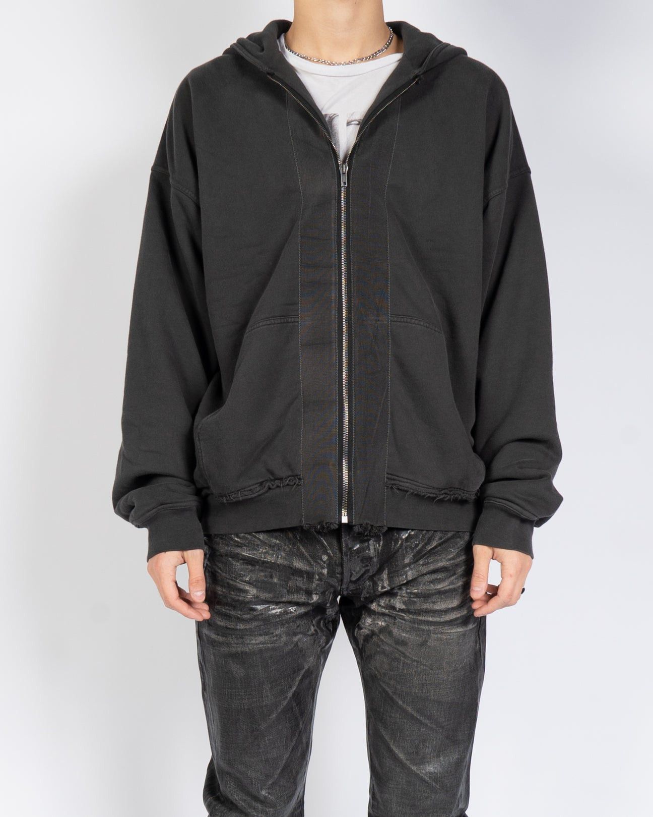 Haider Ackermann Dark Grey Distressed Double Layer Zip-Hoodie 